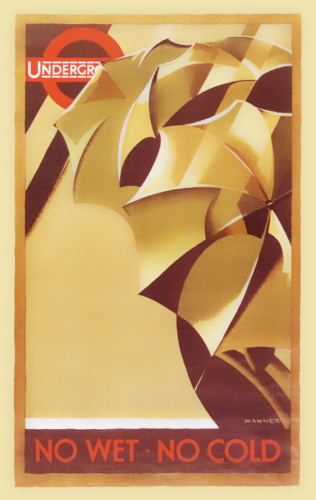 Frederick Schneider Manner’s nineteen twenty-nine poster titled “No Wet, No Cold” depicting umbrellas.