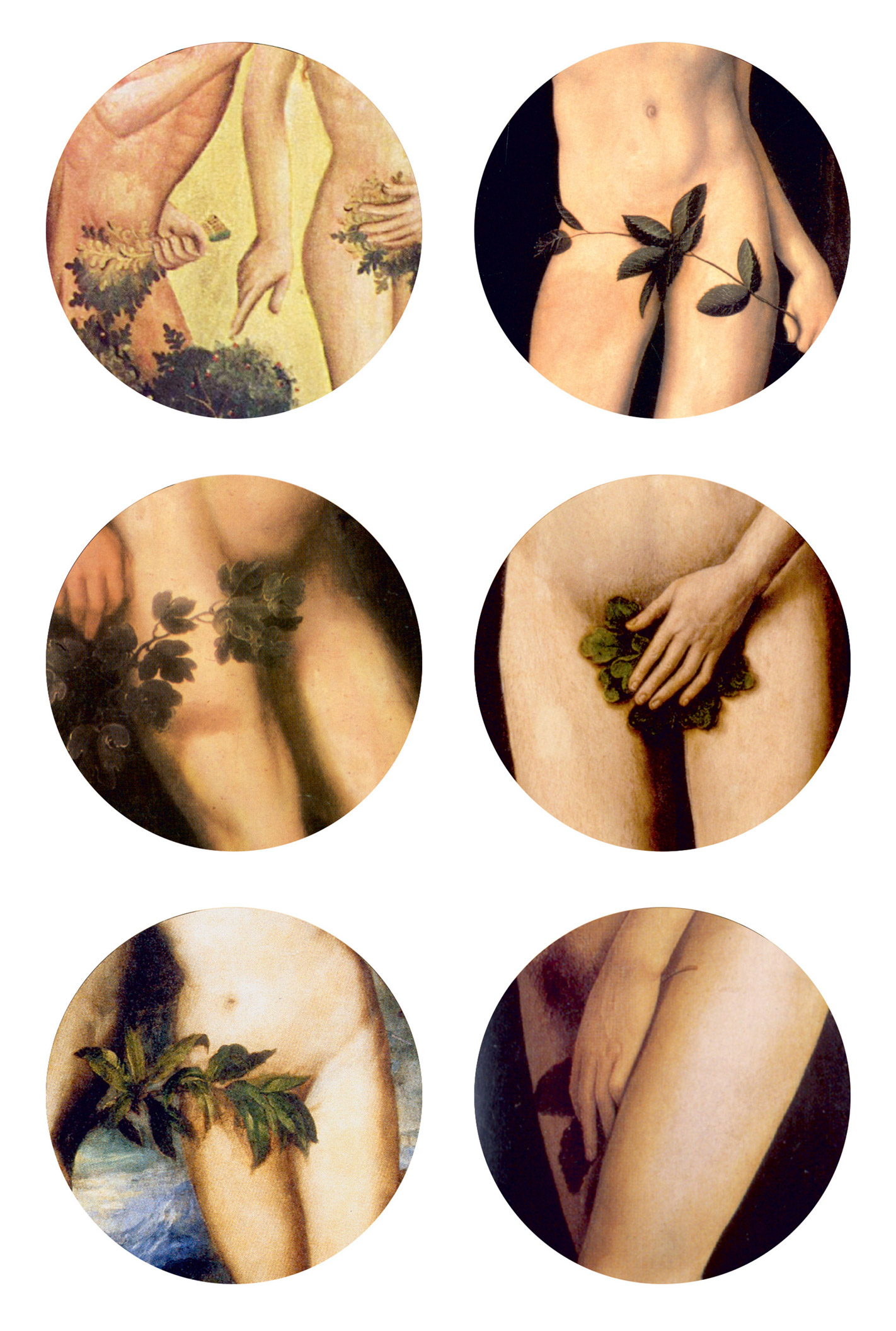 Six close-up paintings of crotches covered by leaves. The paintings include “The Grabow Altarpiece,” circa 1383 by Meister Bertram von Minden; “Adam and Eve,” circa 1599 by Peter Paul Rubens; “Adam and Eve,” circa 1550 by Titian; “Adam and Eve,” circa 1528 by Lucas Cranach the Elder; “Adam and Eve,” circa 1485 by Hans Memling; and finally, “The Ghent Altarpiece,” circa 1432 by Hubert and Jan van Eyck. 