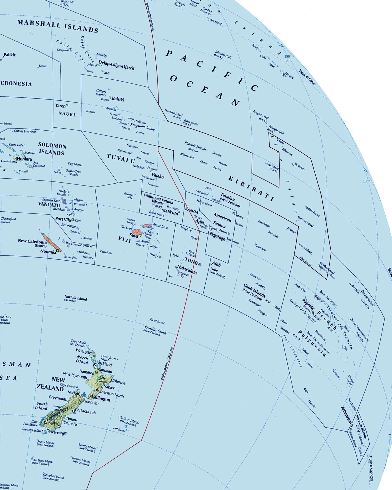 A scan which shows the International Data Line today. The scan shows the Line deviating from the 180th meridian and including all of Kiribati to its west.