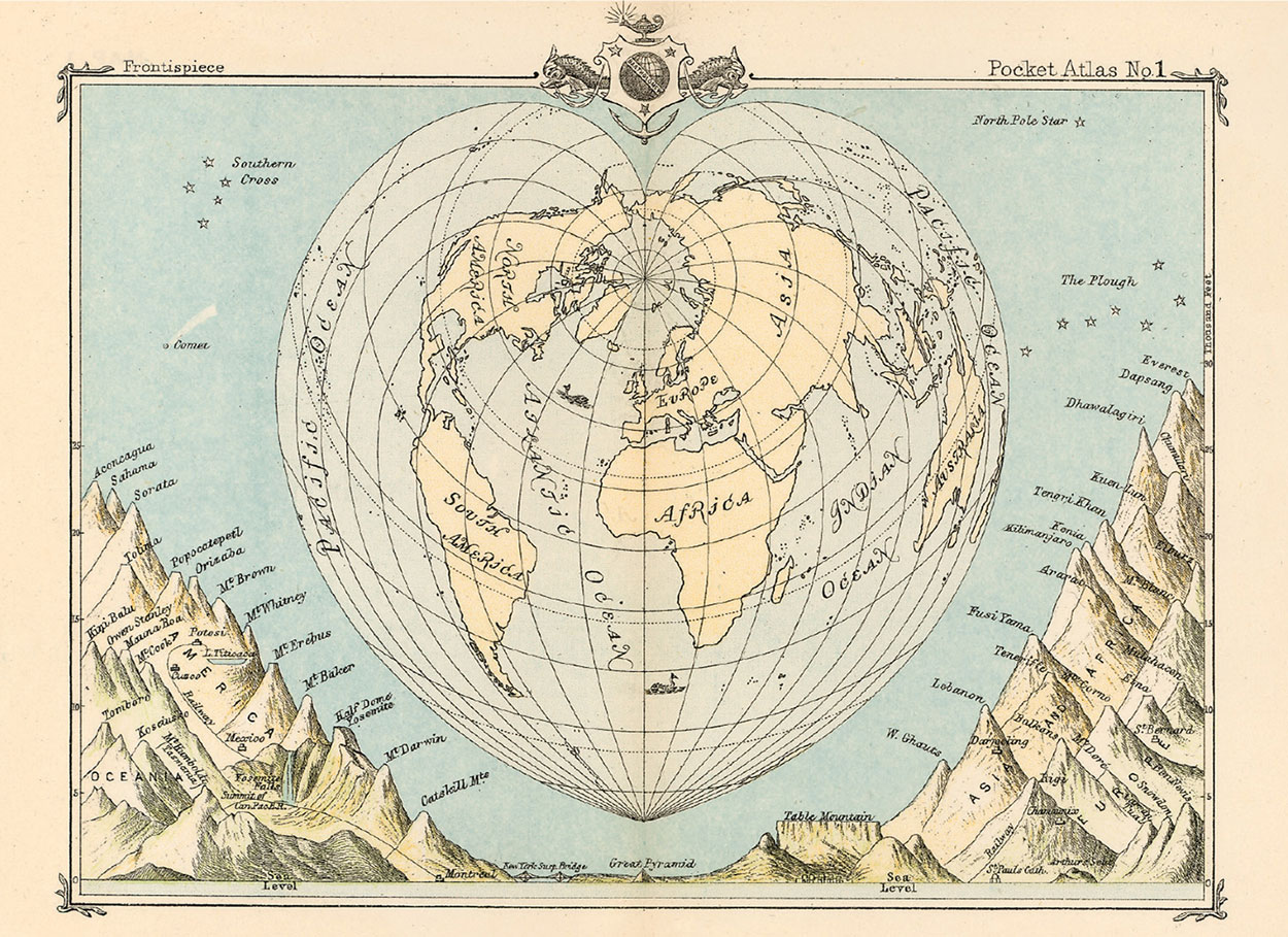 The cartographic 'Frontispiece' from John Bartholomew's 1887 The Pocket Atlas of the World. The International Date Line splits the world perfectly in two along the 180th meridian.