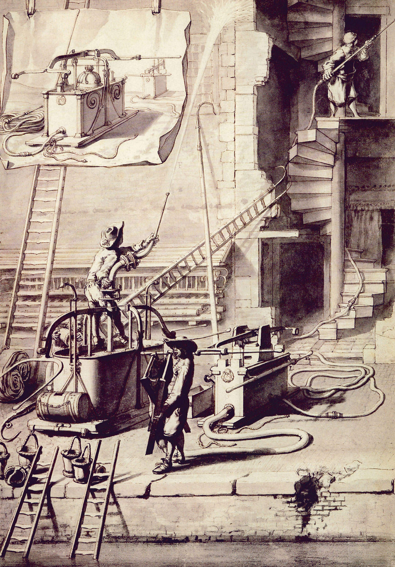 A drawing by Jan van der Heyden from the 1680s which shows many advantages of his new inventions, including the pliable fire hose and a more efficient fire engine. 