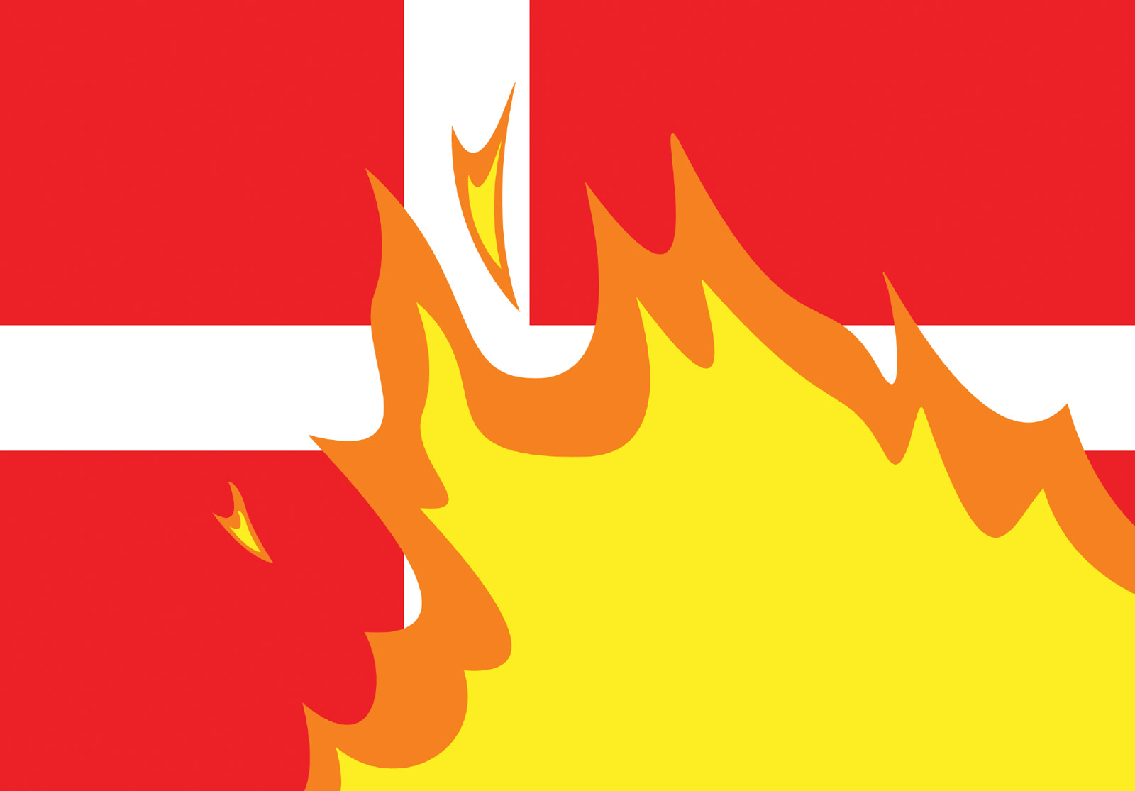 The front of this issue’s postcard featuring “Re-branding Denmark,” a two thousand and seven illustration by the artist group Superflex of the Danish flag on fire.