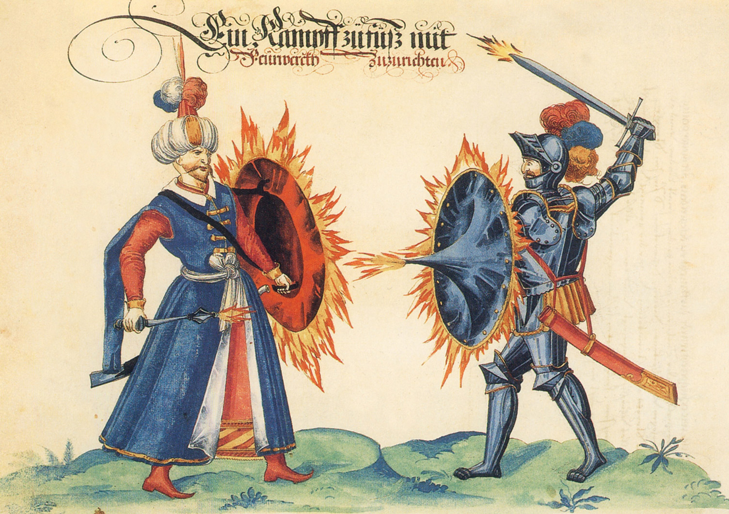 A 1594 painting from a manuscript by Friedrich Mayer. The painting depicts a Christian knight and a Turk in battle.