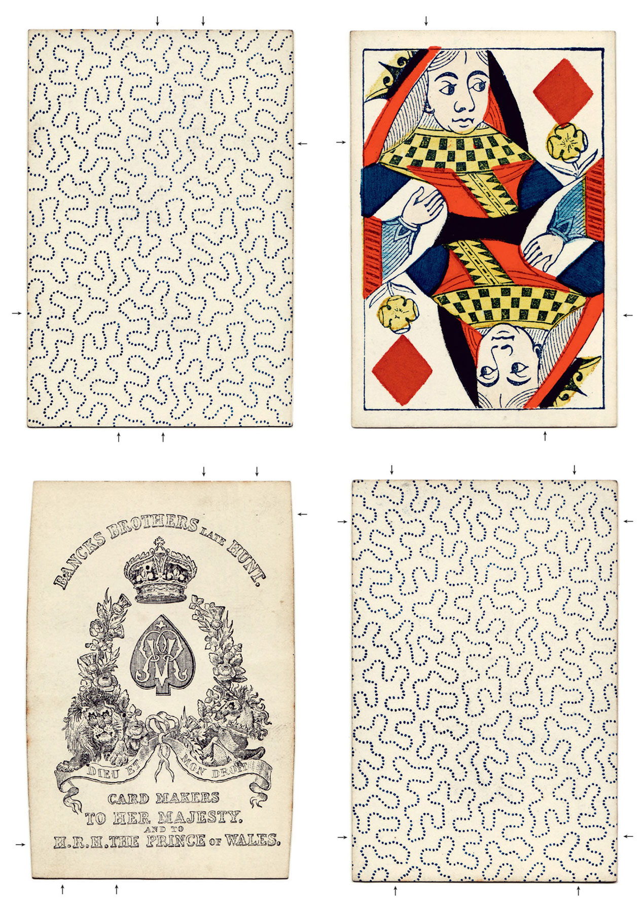 Scans of four cards from a deck of Bancks Brothers Late Hunt playing cards. The cards are marked personally by Charlier circa 1870s-1880s and feature lines and arrows which indicate the locations of the tiny pin-pricks that allow the cardsharp to determine by touch the suit and value of each card. 