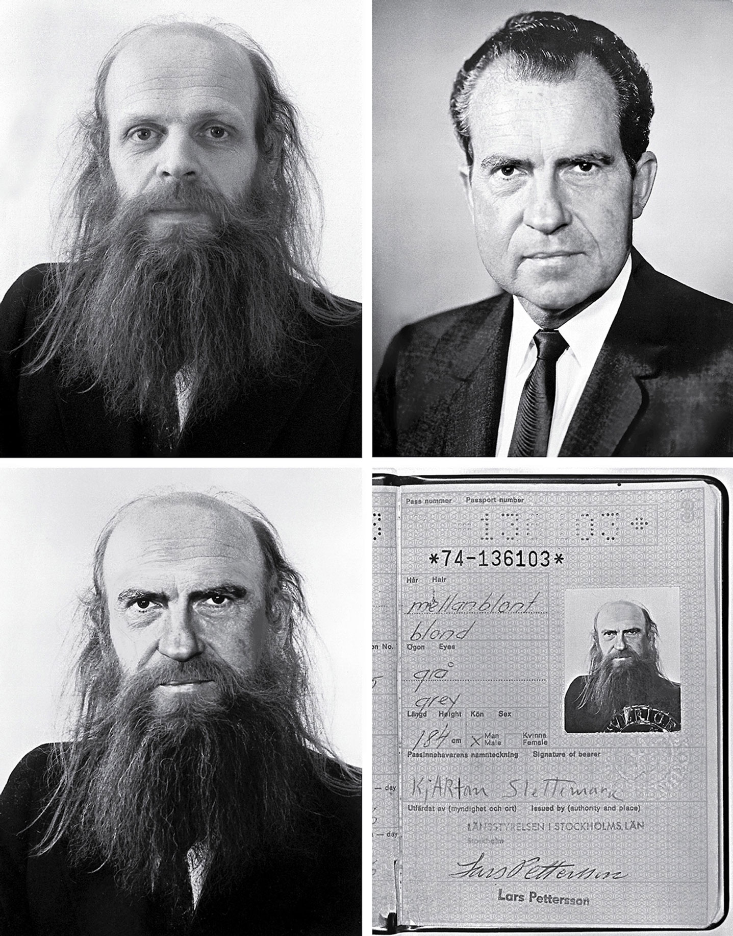 There are four photos. The first is of Swedish-Norwegian artist Kjartan Slettemark, the second is of Richard Nixon, and the third is of Nixon’s face superimposed onto Slettemark’s head. The fourth is the image of Nixon’s face superimposed onto Slettemark’s head as it appears in the artist’s 1974 passport.