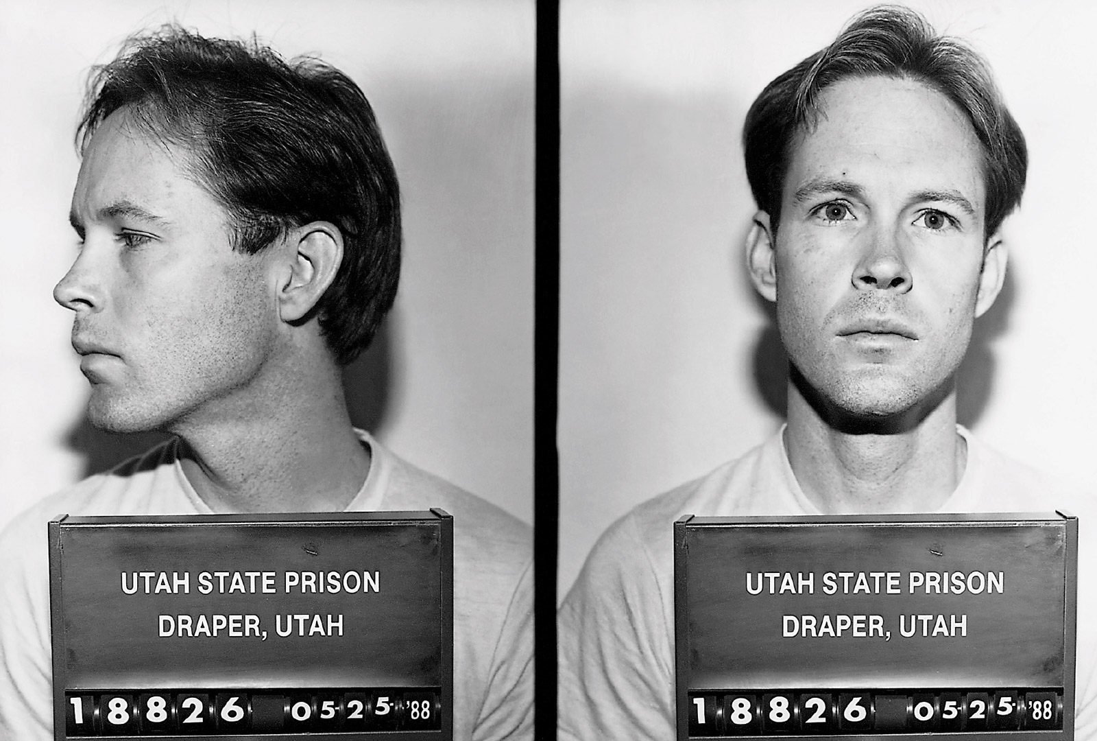 The front of a postcard featuring the 1988 mugshots of James Hogue in Utah State Prison. 