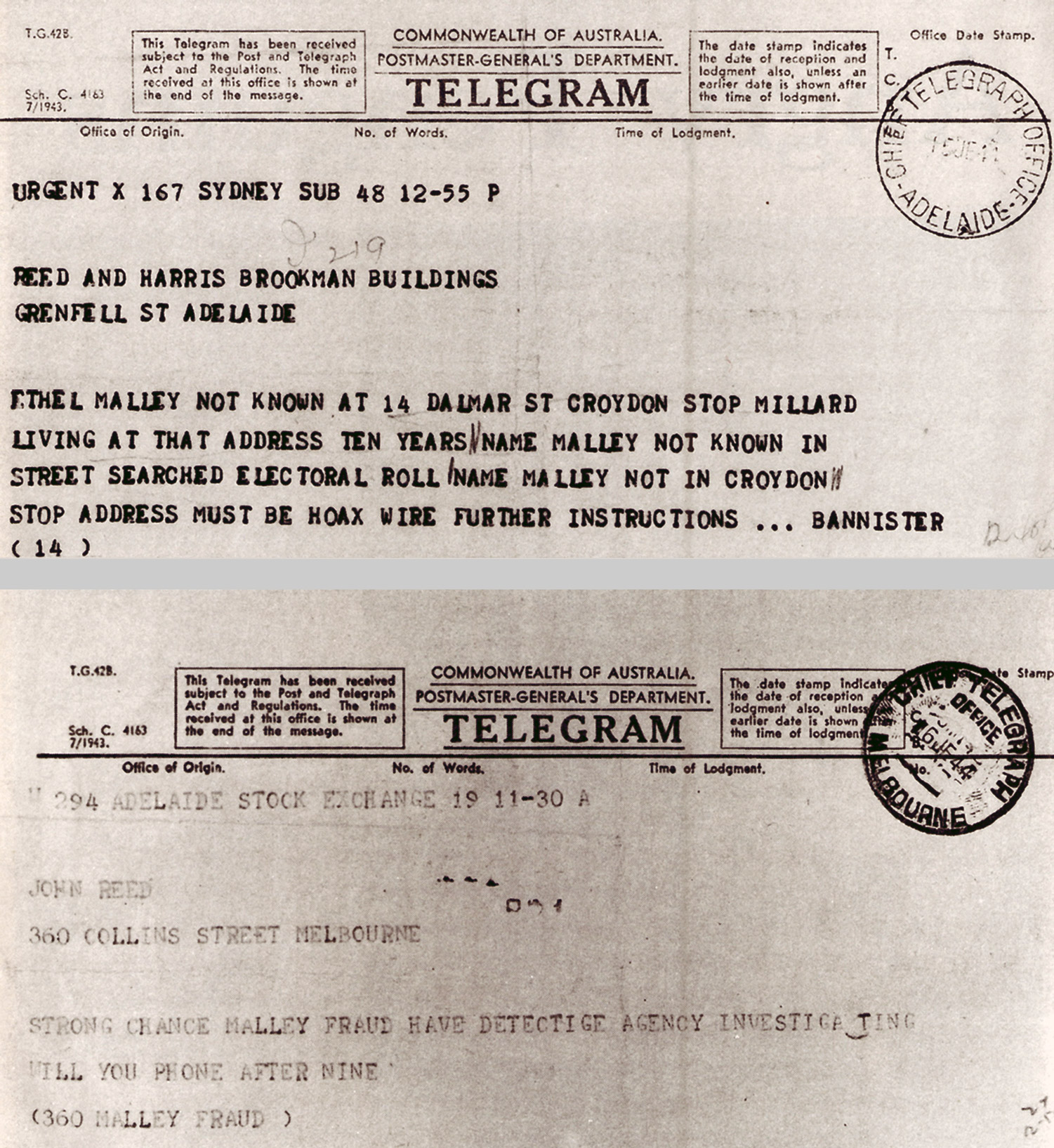 A scan of a 1944 telegram from C. Bannister, a Sydney private investigator, to Max Harris. 