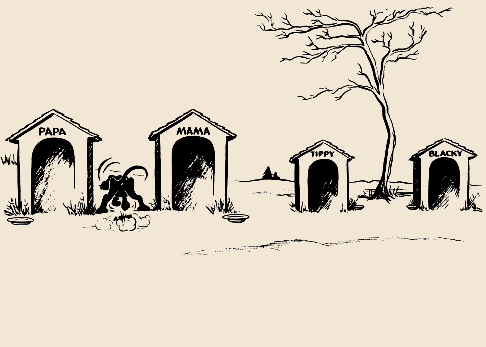 A cartoon drawing from the Blacky Picture Test which features Blacky the dog digging a hole next to four dog houses. The dog houses are labelled Papa, Mama, Tippy, and Blacky.