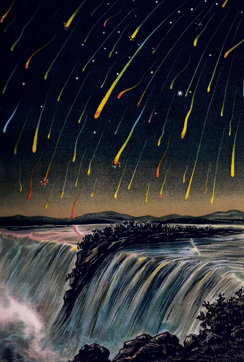 A painting in the 1888 book “Picture Atlas of the Starry World” which depicts the 1833 Leonid meteor shower over North America.