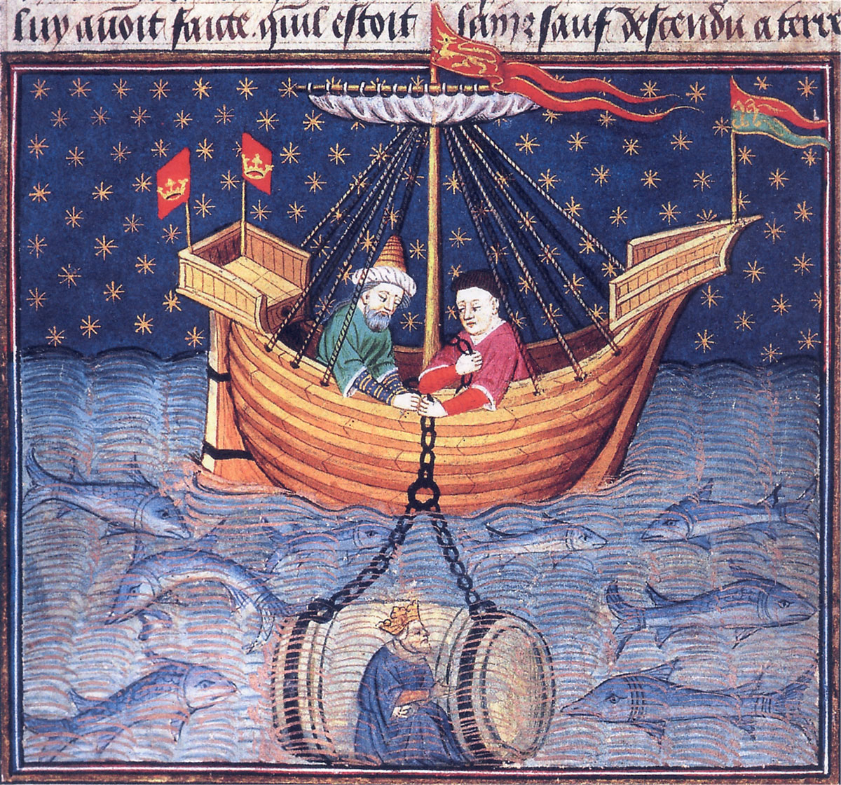 A page from a fifteenth-century illuminated manuscript that depicts Alexander the Great surveying the ocean while submerged in a glass diving bell.