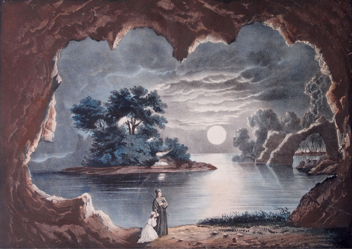 A Currier and Ives Print from between 1857 and 1872 which features the Magic Lake motif.