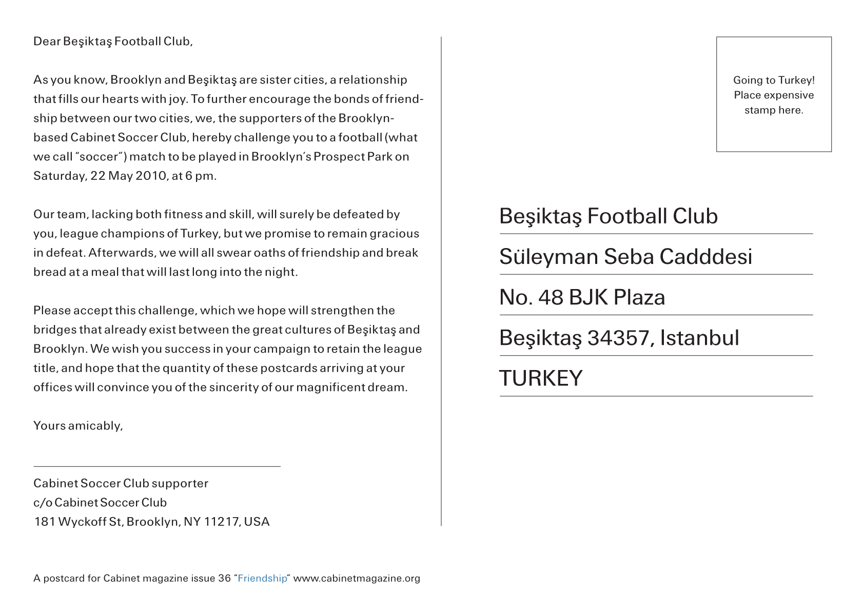 The back of a postcard from the Cabinet Soccer Club inviting the Beşiktaş Football Club to a match. 