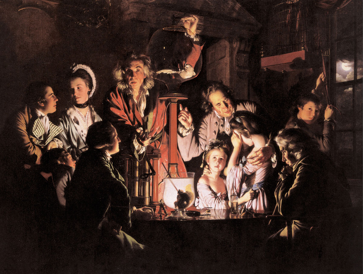 A seventeen sixty-eight painting by Joseph Wright of Derby titled “An Experiment on a Bird in the Air Pump.”