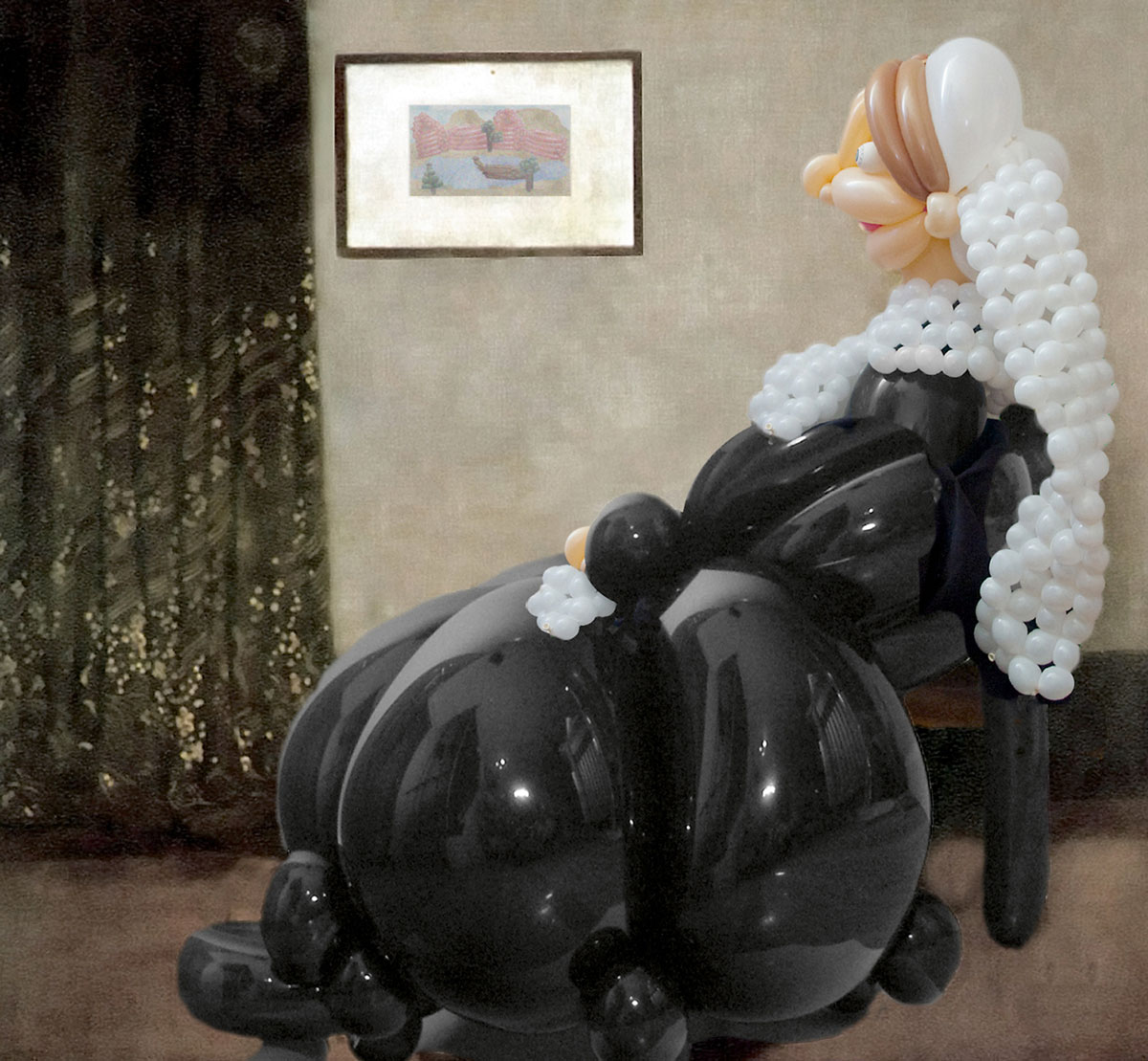 A photograph of Larry Moss’s version of James McNeill Whistler’s painting “Mother” made with balloons.