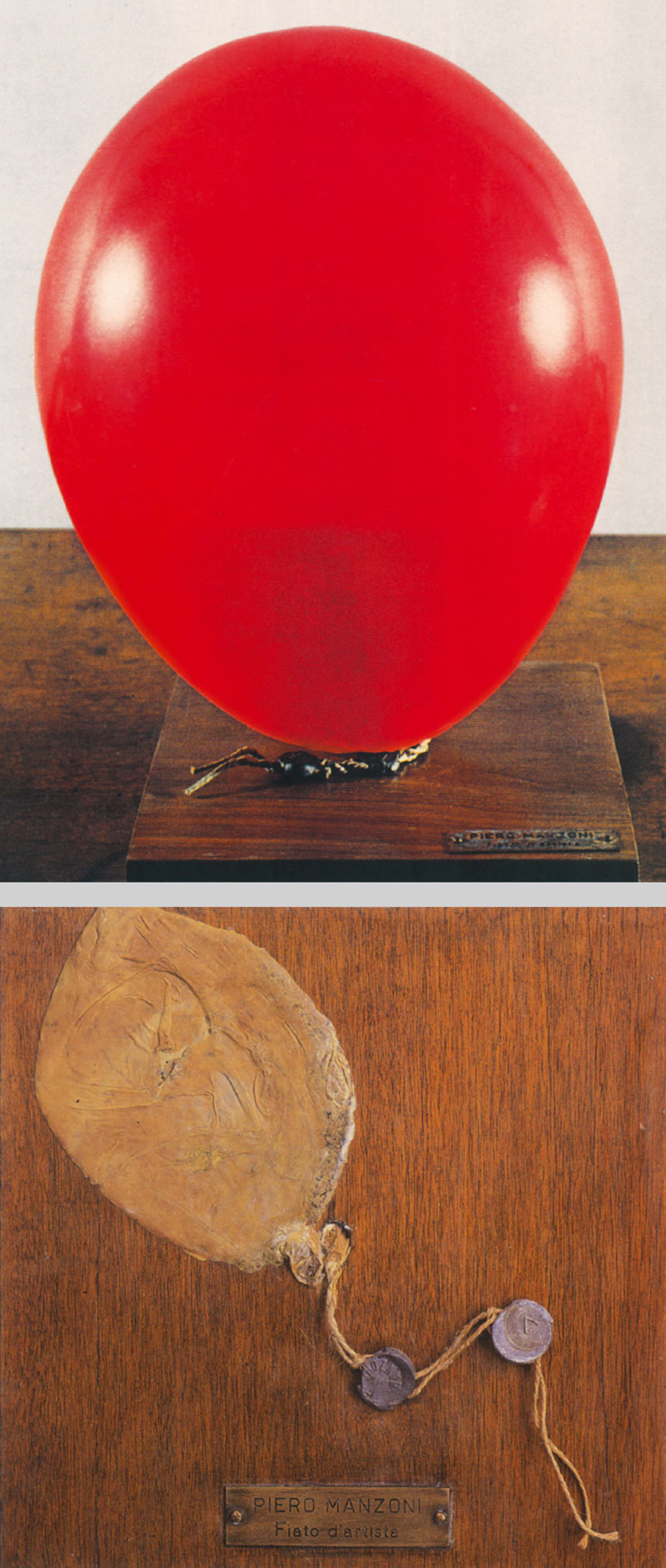 Two photographs of Piero Manzoni’s nineteen sixty conceptual work “Fiato d’artista.” The first is “happy”, showing an inflated balloon, and the second is “sad,” showing a deflated balloon.