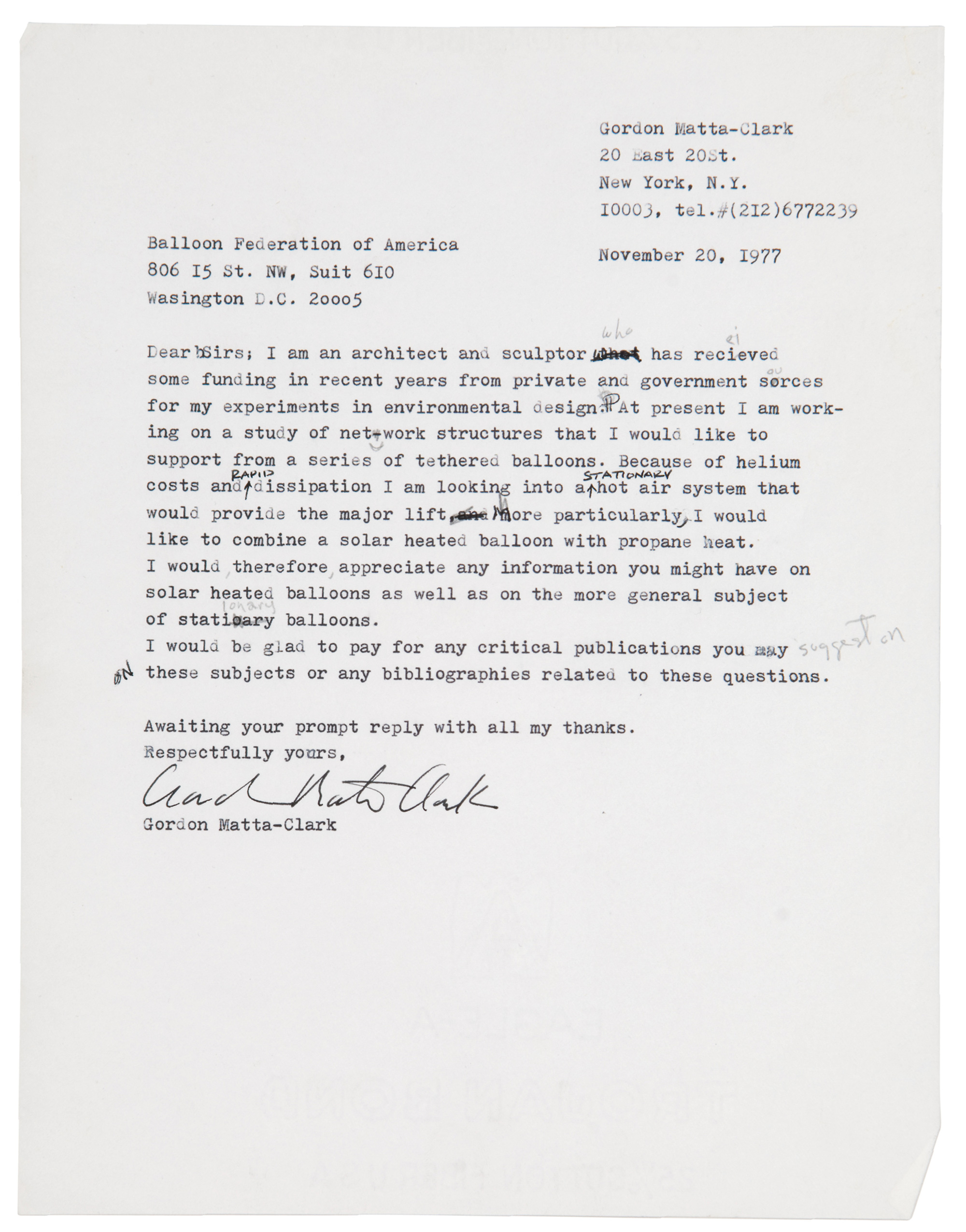 A nineteen seventy-seven letter from Gordon Matta-Clark to the Balloon Federation of America. 