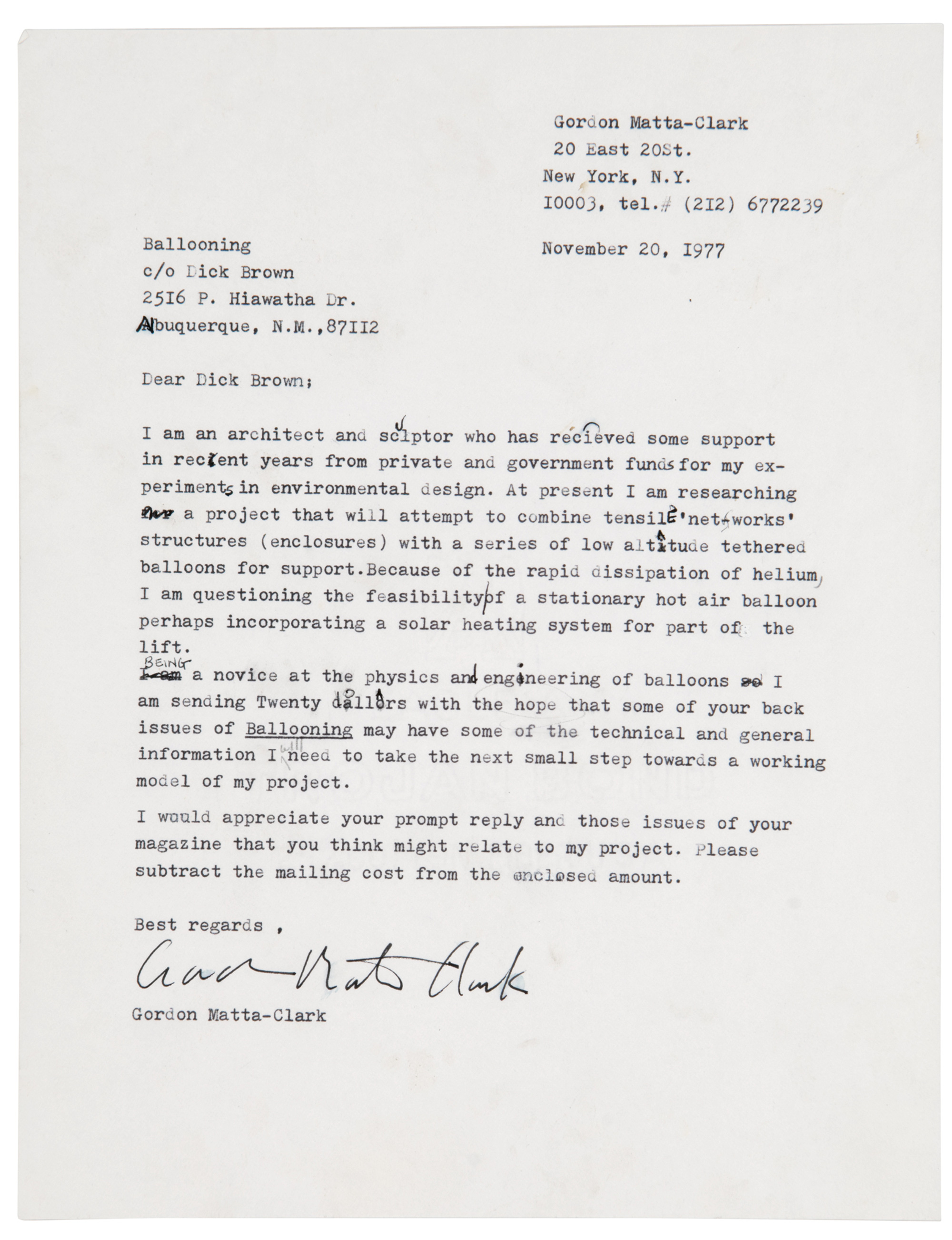 A 1977 letter from Gordon Matta-Clark to Dick Brown at Ballooning, The Journal of the Balloon Federation of America.