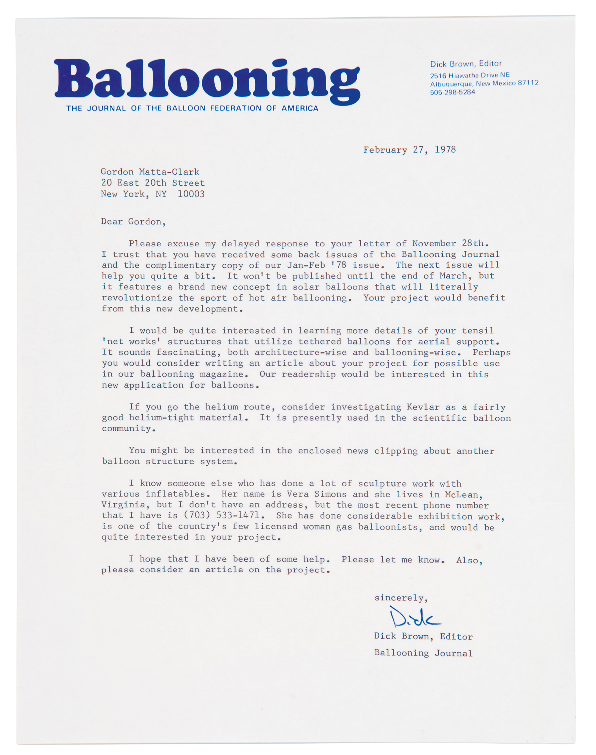 A nineteen seventy-seven letter from Dick Brown at Ballooning, The Journal of the Balloon Federation of America, to Gordon Matta-Clark. 
