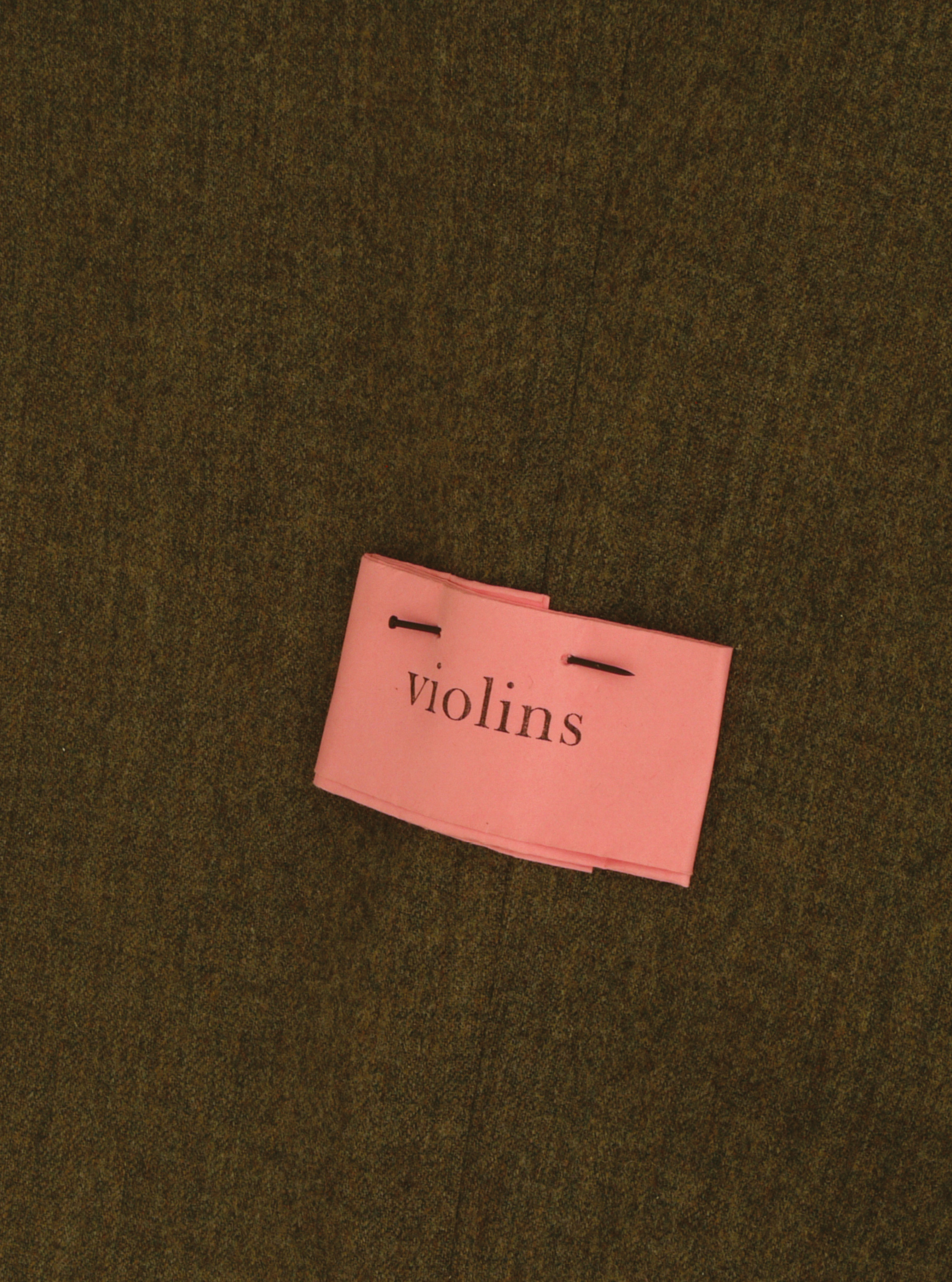 A photograph of the artist project by Jason Dodge, which consist of a piece of fabric on which a ribbon bearing the word “violins” has been printed. 
