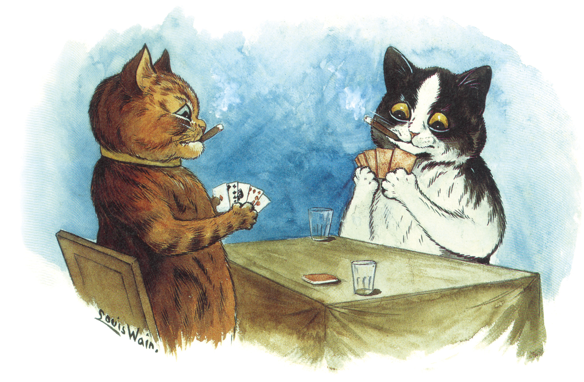 A Louis Wain drawing of cats playing poker. 