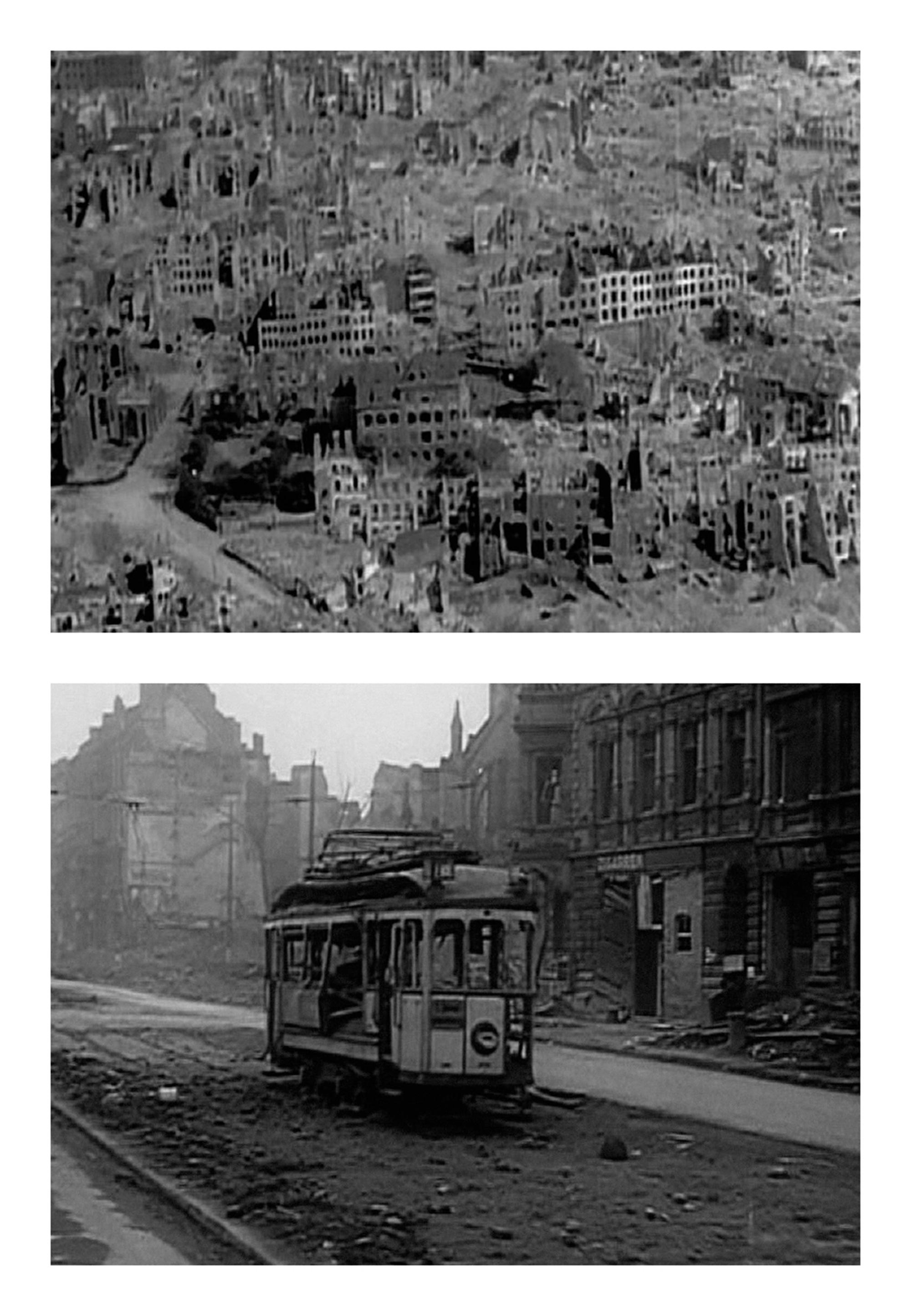 Two March nineteen forty-five film stills that shows the ruins of Cologne, Germany, as filmed by occupying US forces.