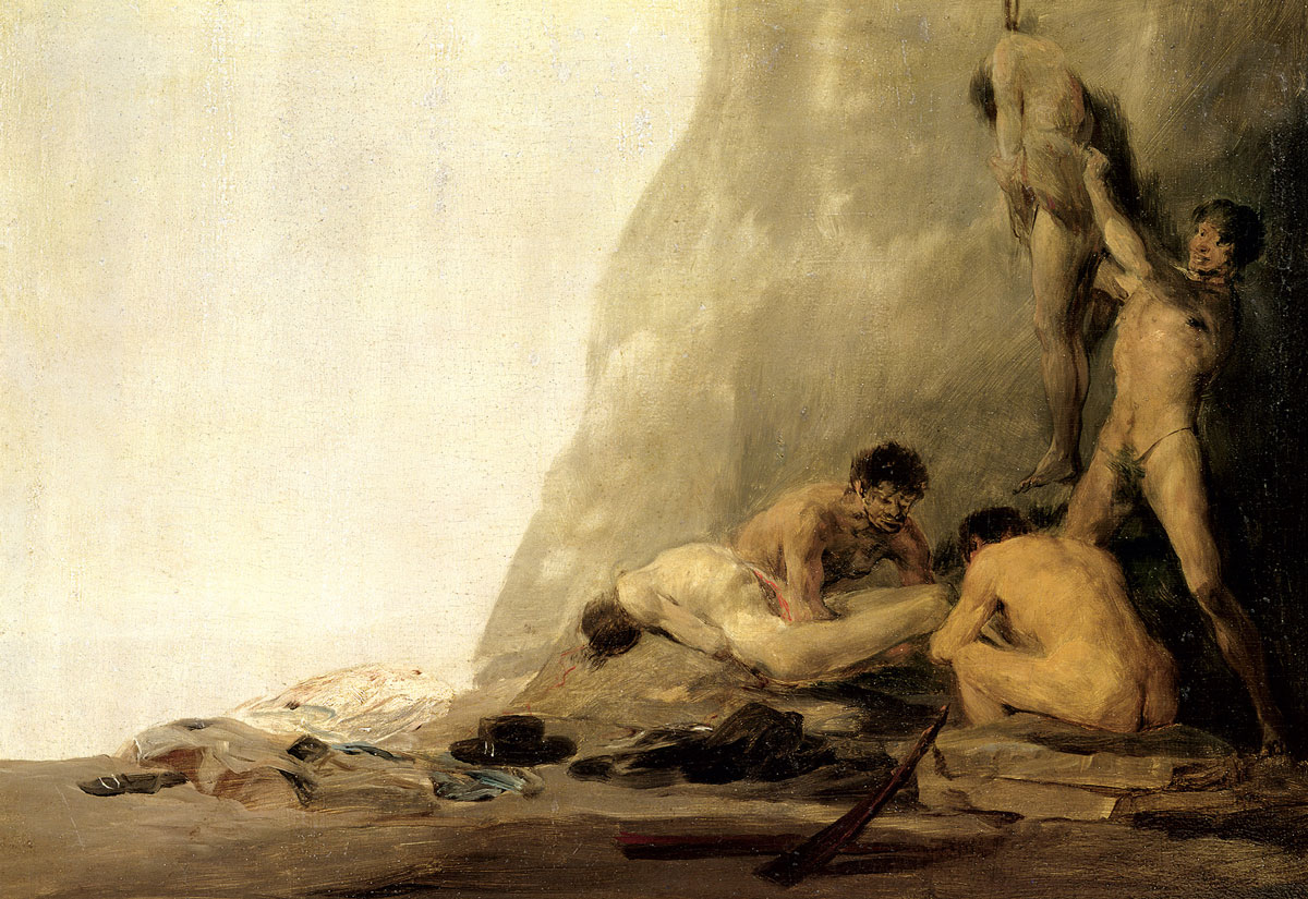 A circa eighteen hundred to eighteen oh eight painting by Francisco Goya titled “Cannibals Preparing their Victims.”