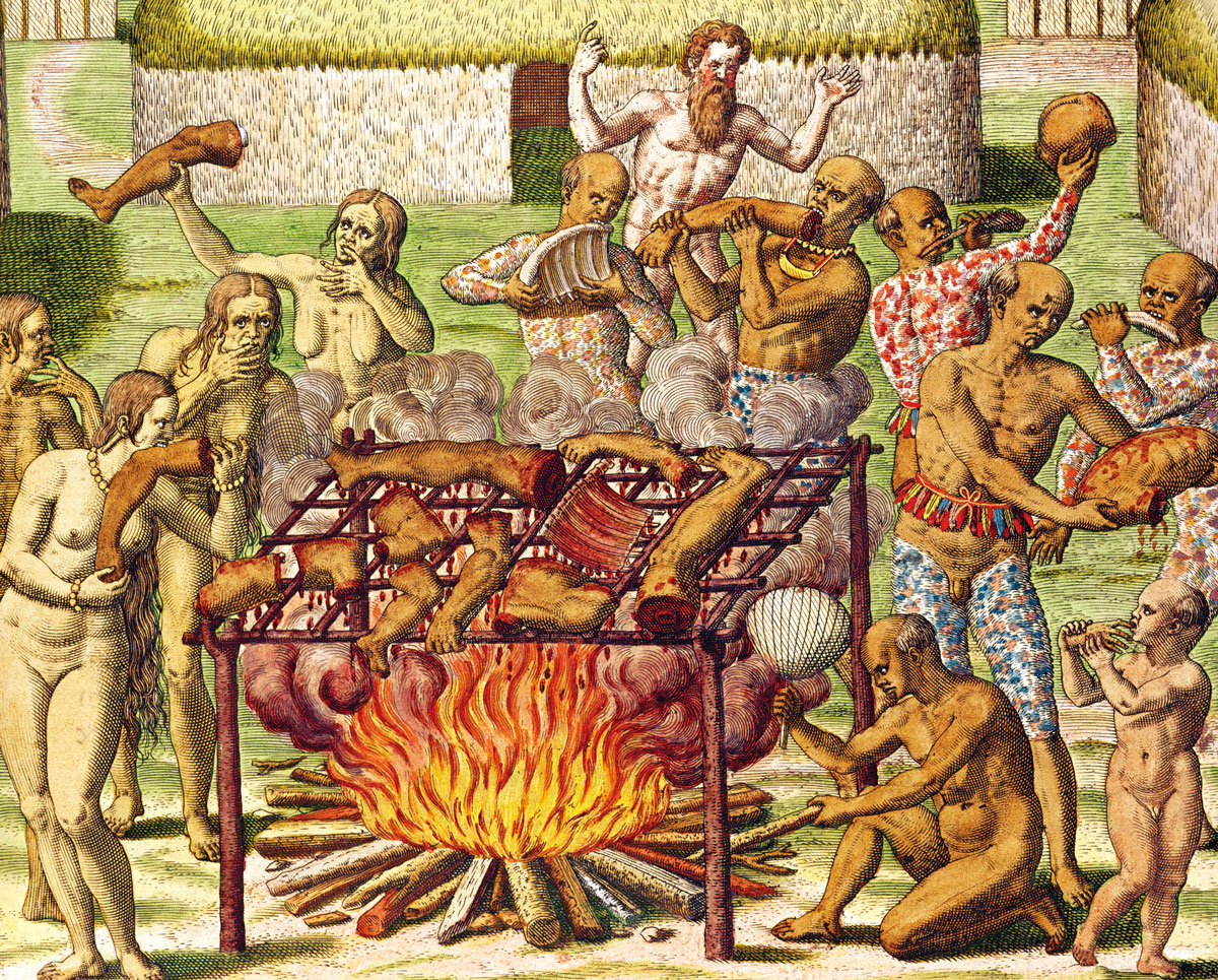 Theodor de Bry’s fifteen ninety-two illustration of body parts being barbecued from his book “Americae Tertia Pars.”