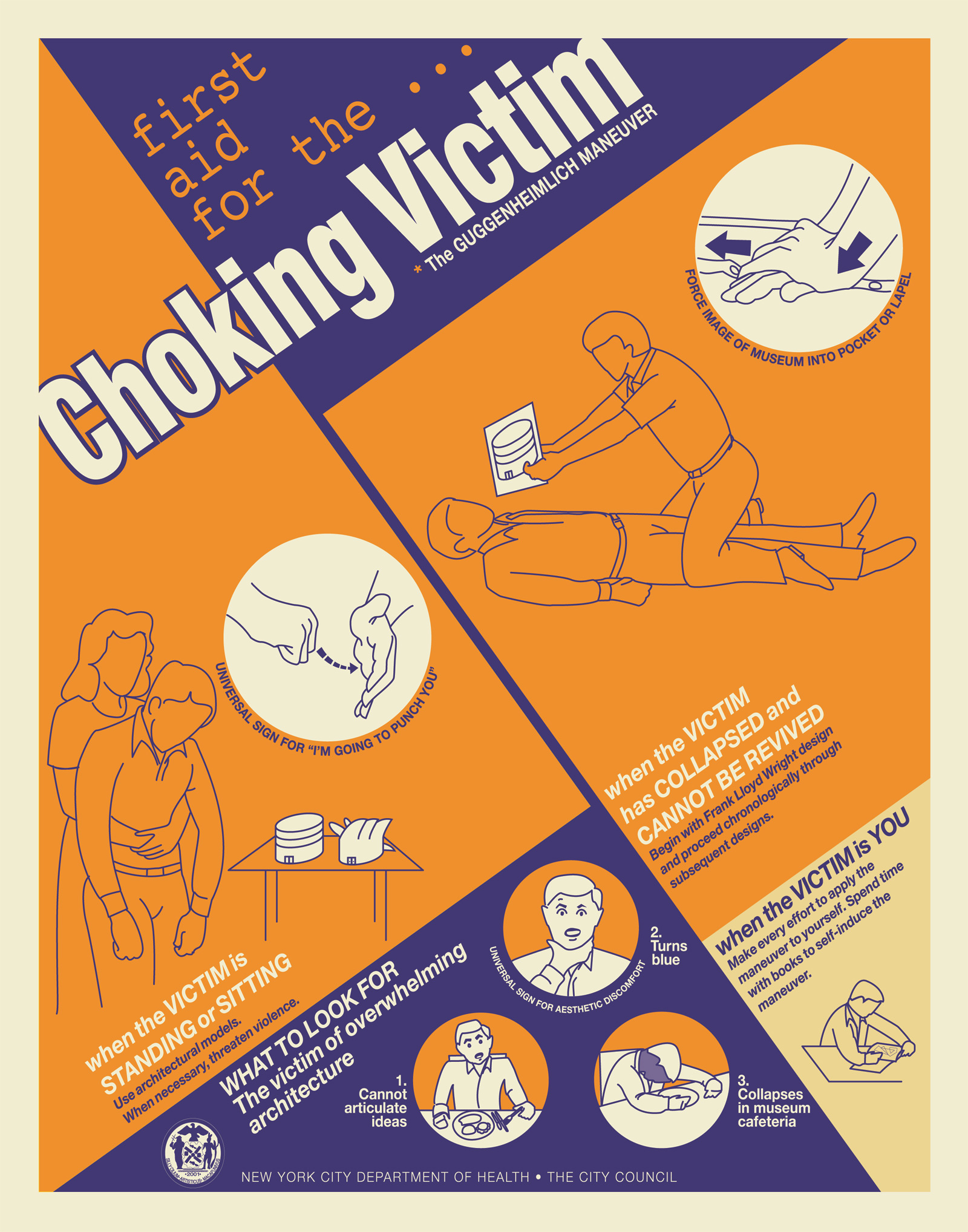 Instructional diagram for how to rescue choking victims by administering the Guggenheimlich Maneuver. The maneuver involves showing the victim photographs of the various Guggenheim museums in chronological order, which is guaranteed to induce vomiting and thereby save the victim.
