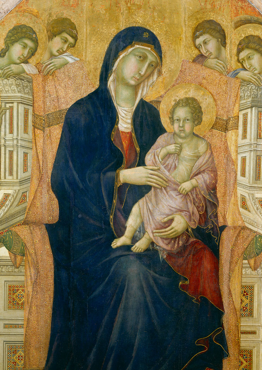 A detail of tratteggio from Duccio di Buoninsegna’s thirteen eleven painting titled “Majesty.”