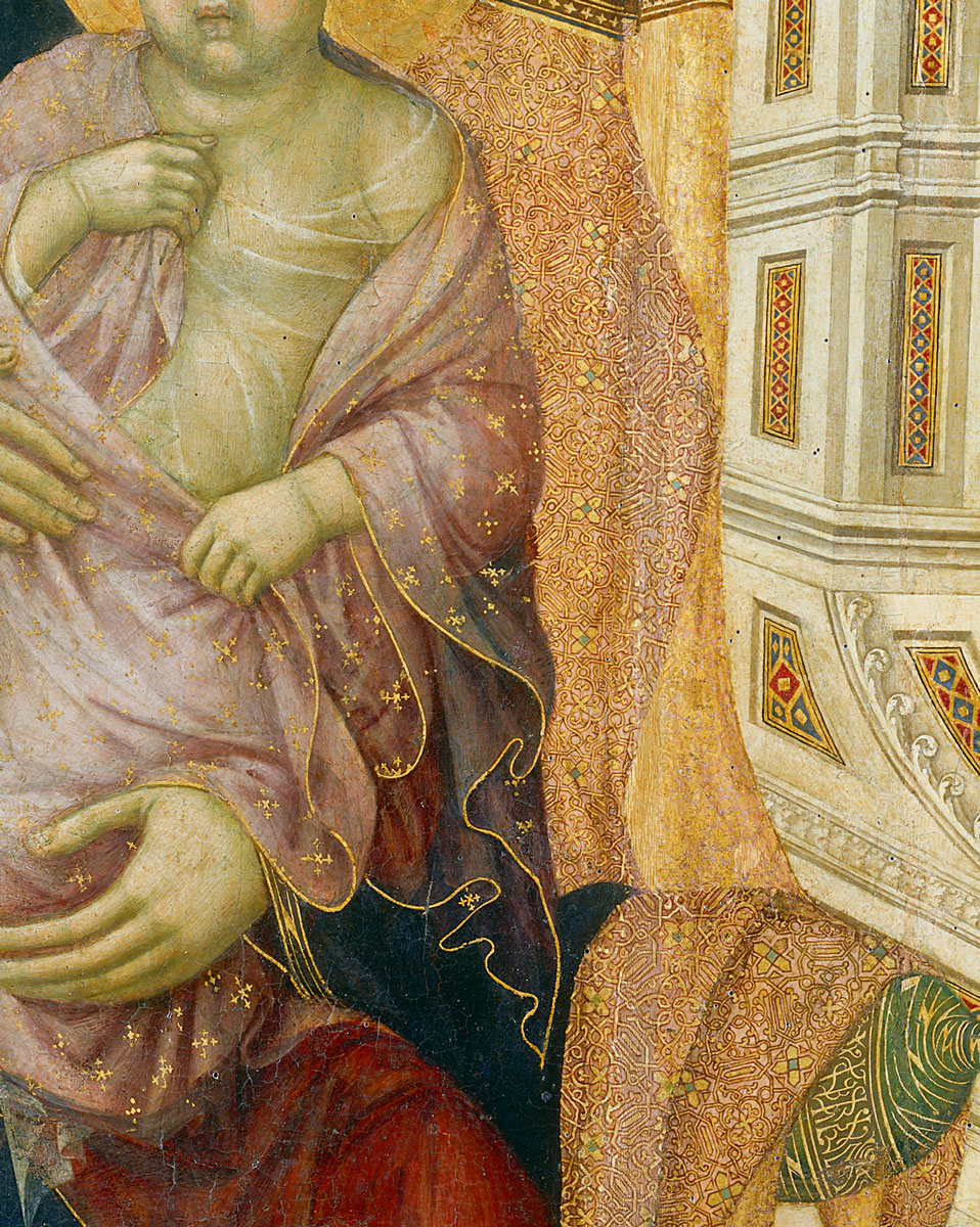 A detail of tratteggio from Duccio di Buoninsegna’s thirteen eleven painting titled “Majesty.”