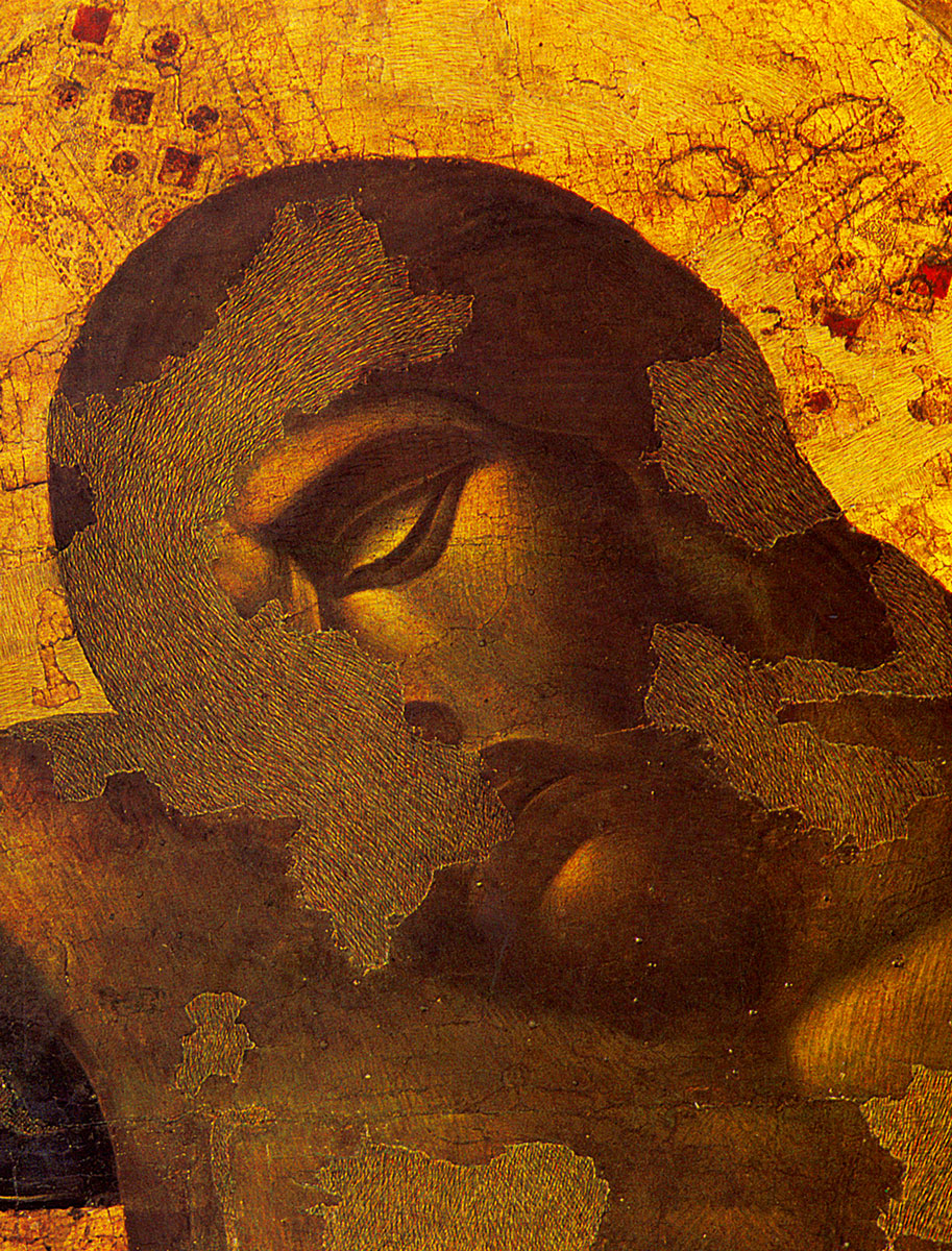 A detail of Cimabue’s painted crucifix, circa twelve eighty eight, showing the use of chromatic abstraction.
