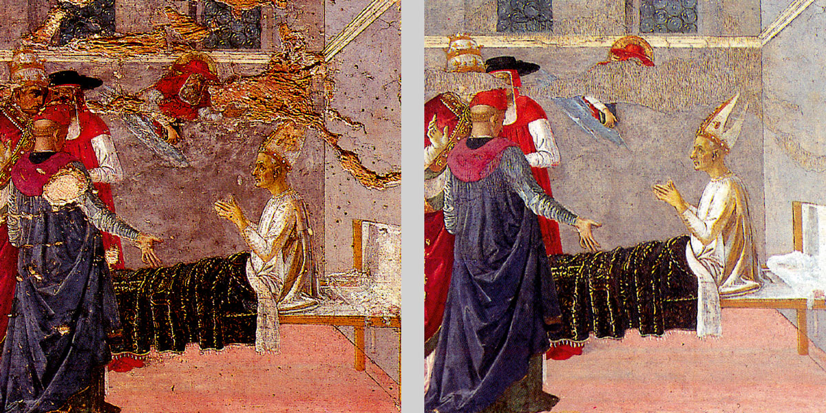 Two photographs of Pietro Perugino’s fourteen ninety-five painting titled “Scenes from the Life of St Jerome,” one of which depicts the painting during cleaning and one of which depicts the painting after restoration.