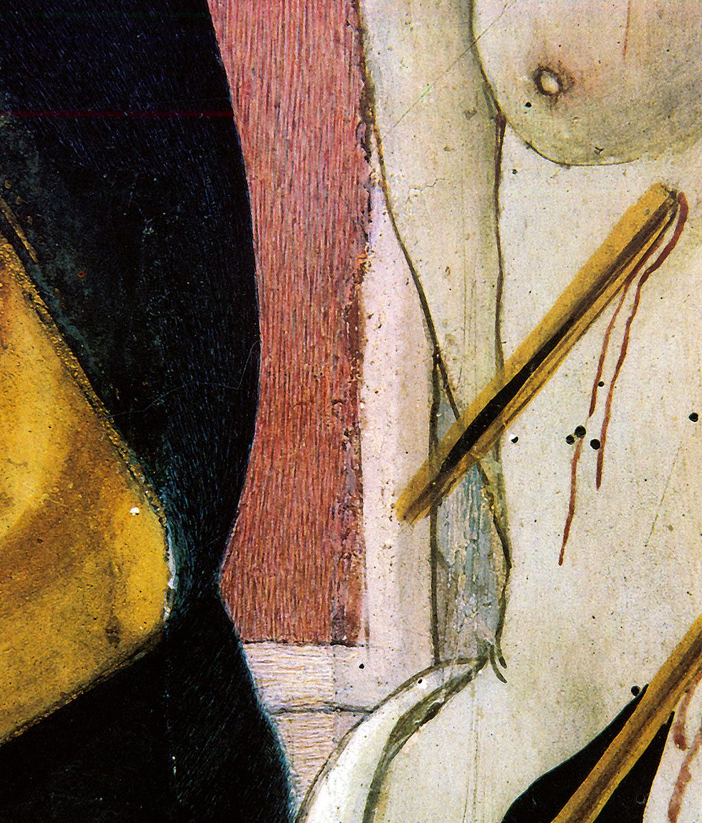 A detail of the restored fifteenth-century painting titled “Enthroned Madonna,” attributed to the Master of San Miniato, in the Pieve di San Bartolomeo at Pomino near Florence. The in-painted chromatic reflection reflects four distinct passes with four separate hues: the first yellow, the second orange-red, the third blue, and the last in tiny quantities of black to darken the overall effect.