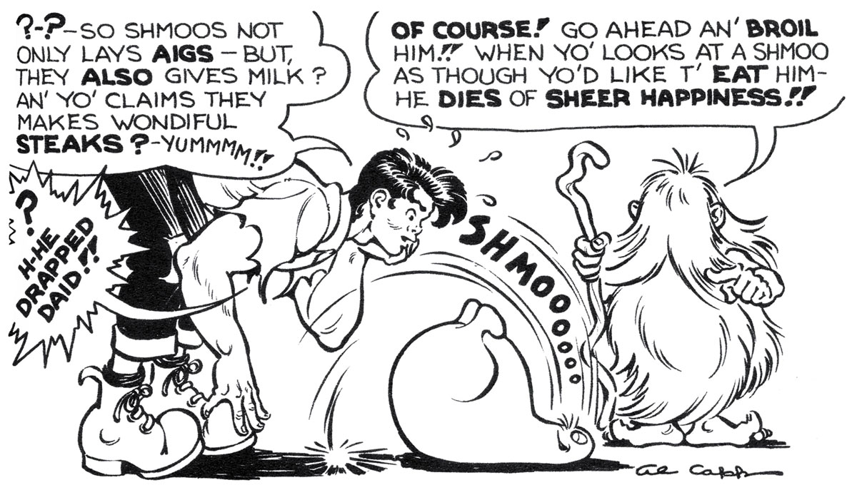 A cartoon from the nineteen forty-eight book-form reprinting of Al Capp’s original sequence of cartoons, featuring the gourd-shaped Shmoo.