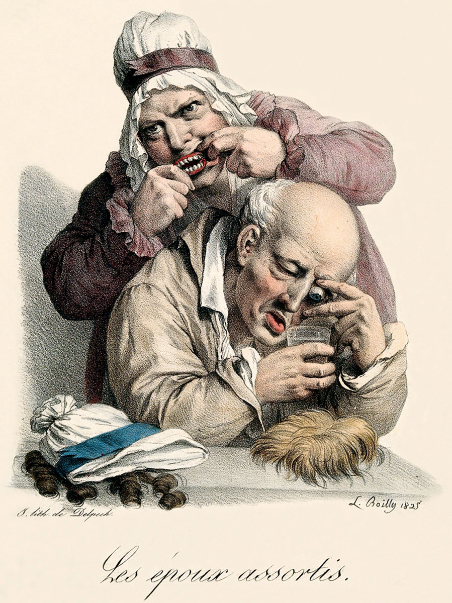 Lithograph from 1825 depicting couple as they assemble themselves using false body parts: dentures, a glass eye, and wigs. Courtesy Wellcome Library.