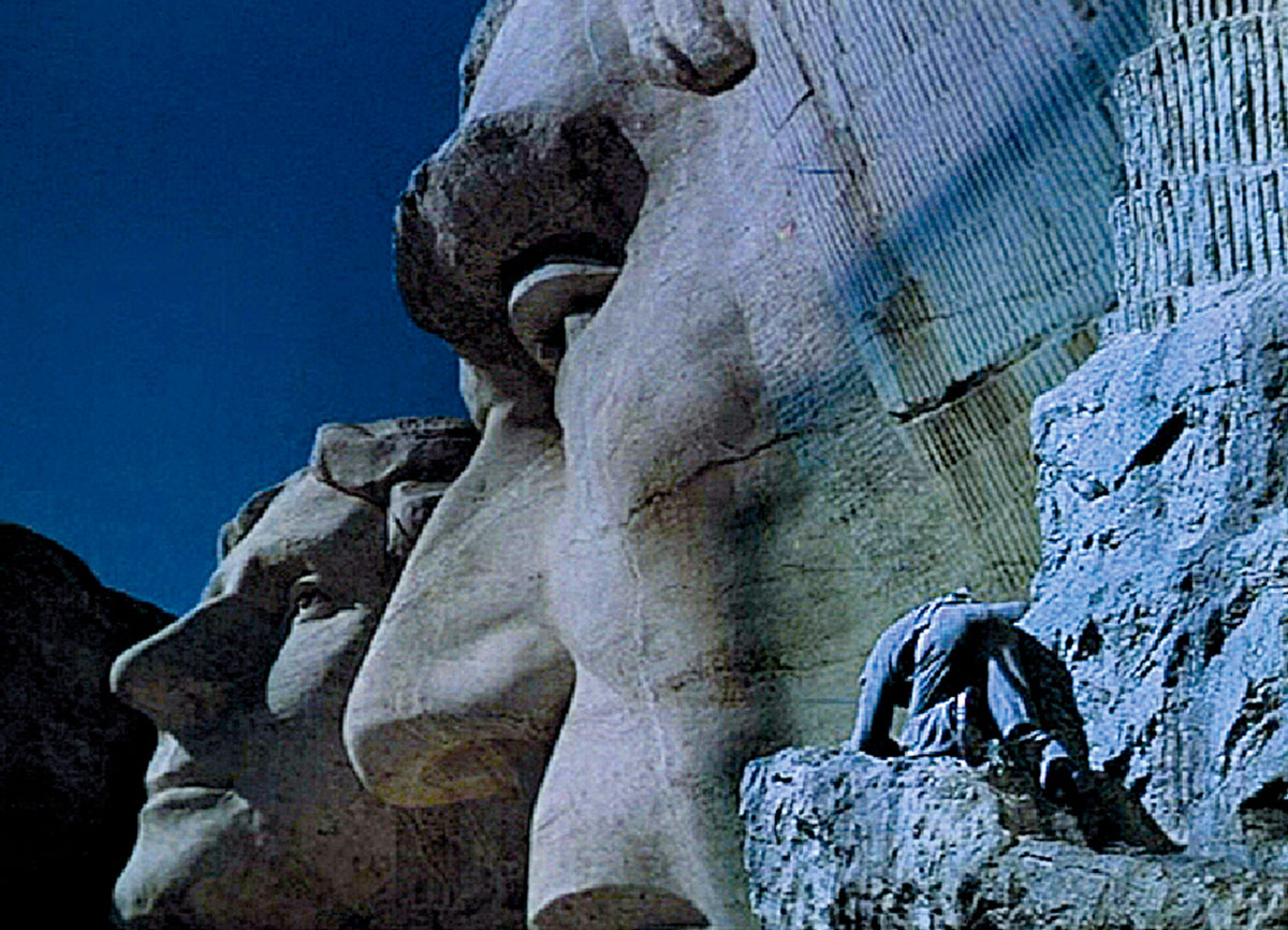 A still of Mount Rushmore from Alfred Hitchcock’s nineteen fifty-nine film “North by Northwest.”