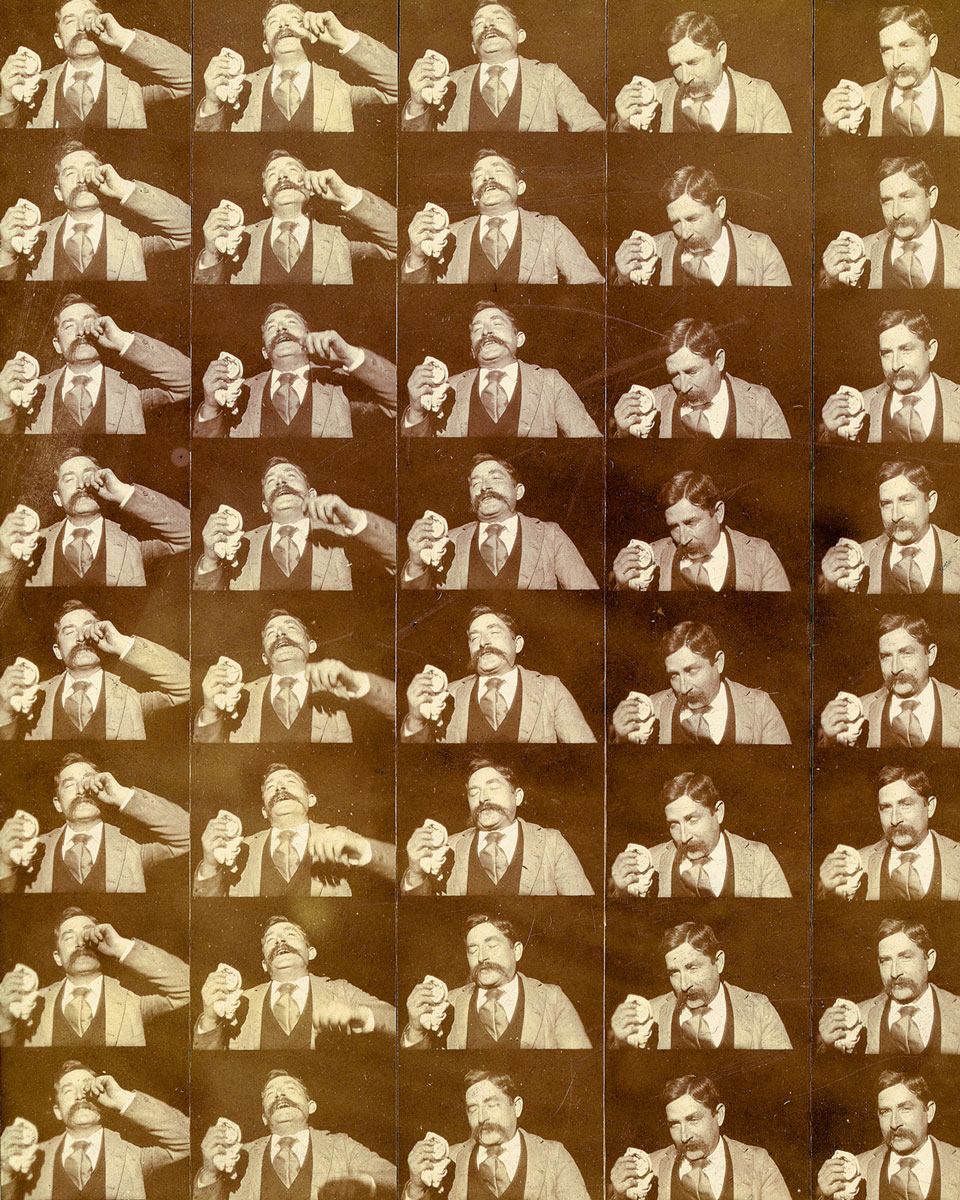 Stills from Edison Film Manufacturing Company’s eighteen ninety-four “Edison Kinetoscopic Record of a Sneeze.”
