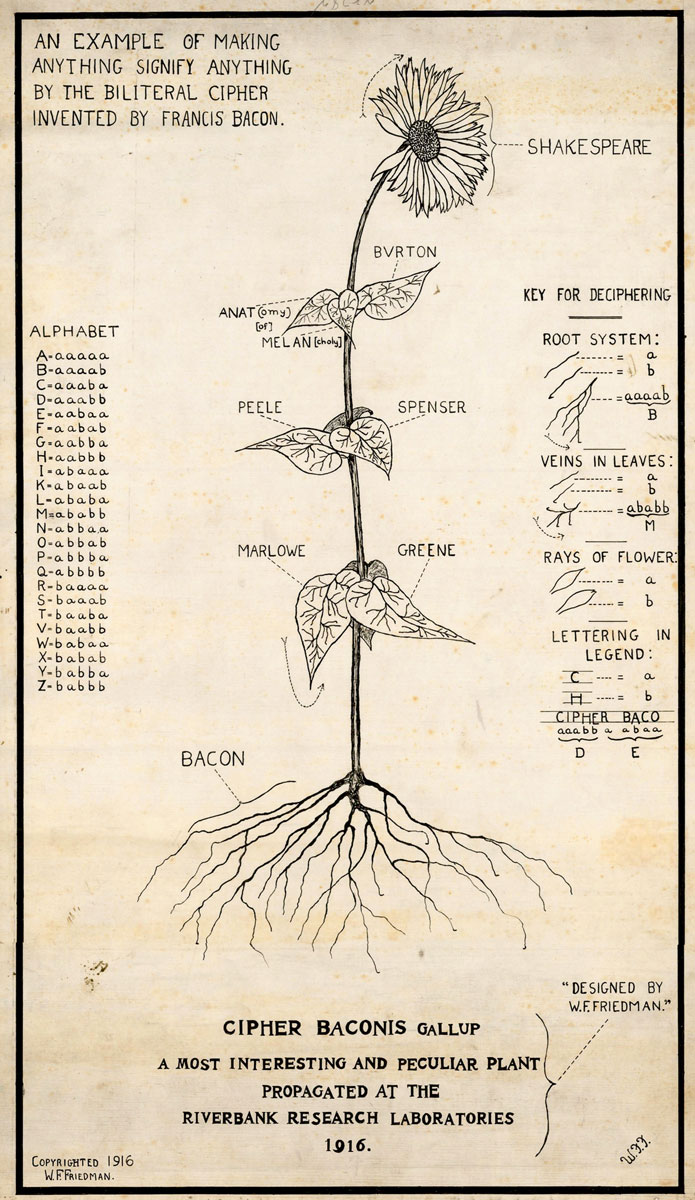 A nineteen sixteen chart by William F. Friedman featuring a floral cipher. The header text reads: “An Example of Making Anything Signify Anything by the Bilateral Cipher Invented by Francis Bacon.”