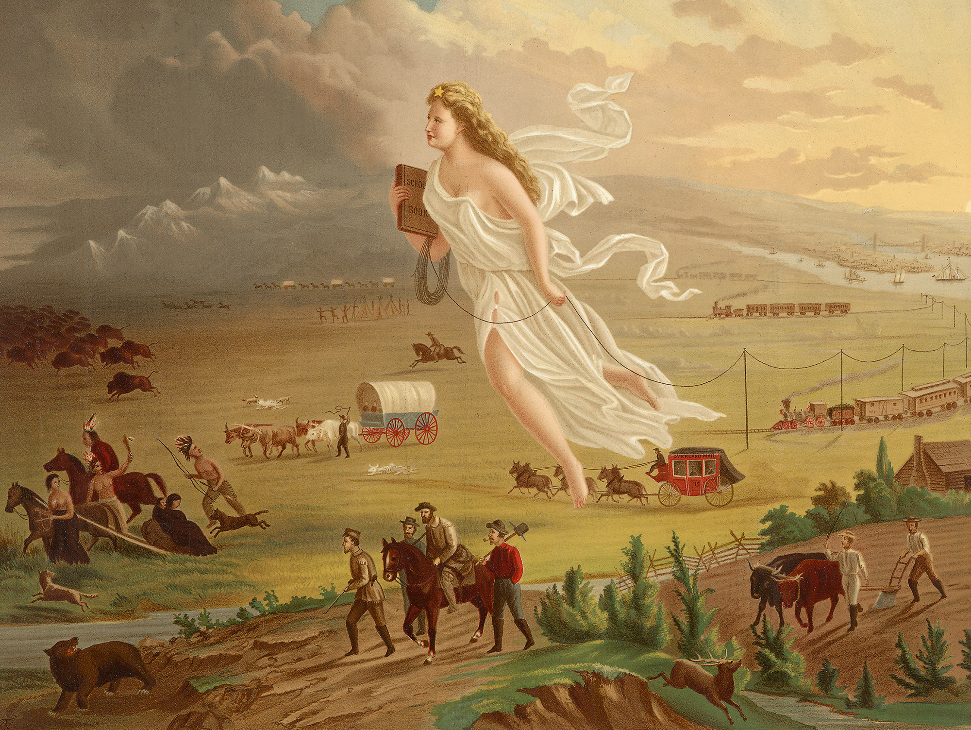 Chromolithograph by George A. Crofutt, after John Gast’s eighteen seventy-two painting “American Progress.” Columbia, the personification of the United States, leads the way by stringing telegraph wire as she sweeps west.