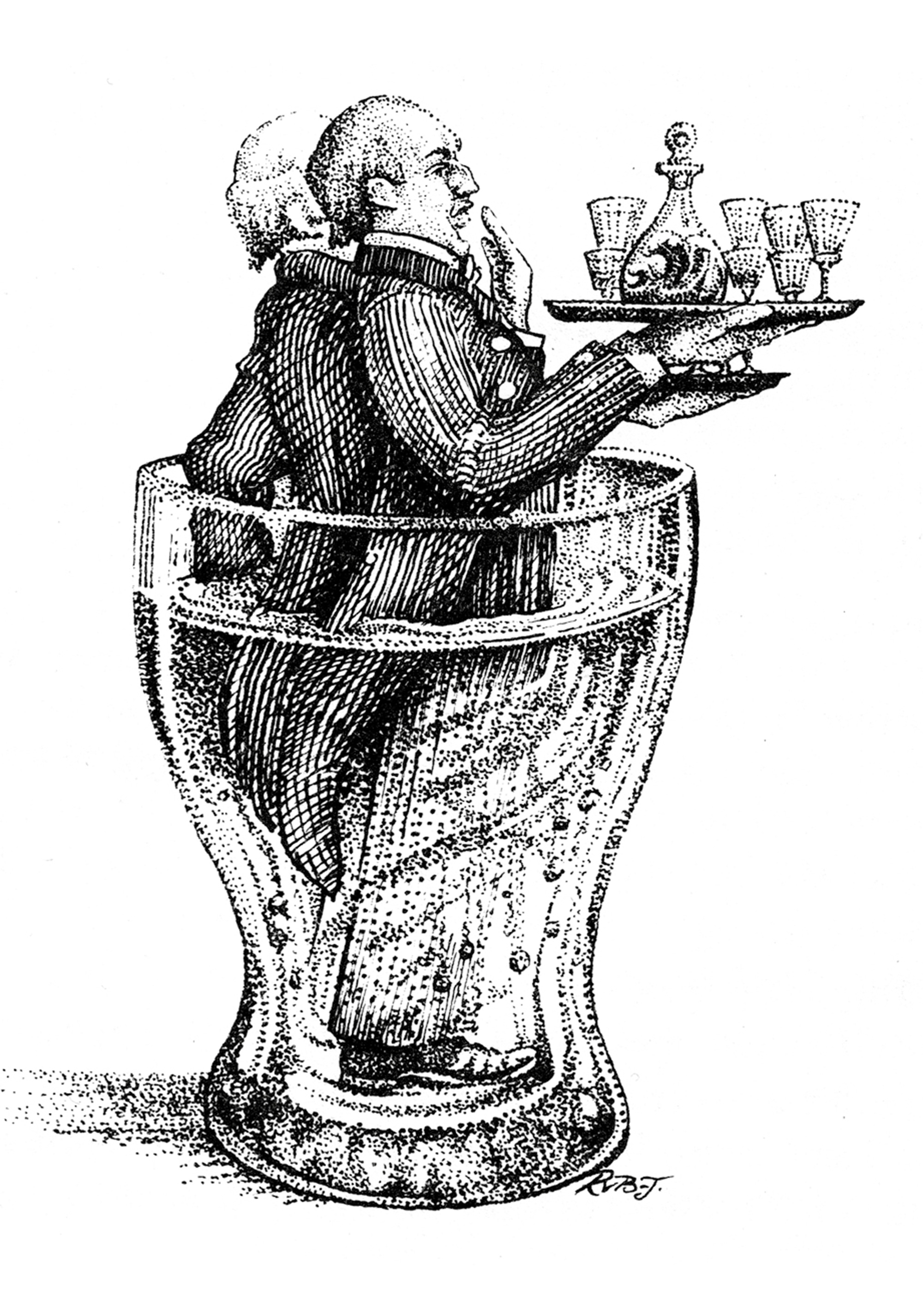 A modified version of a stippled drawing by J. J. Grandville of a “draught” of butlers, submerged in a drinking glass, carrying trays of spirit decanters and cordial glasses.
