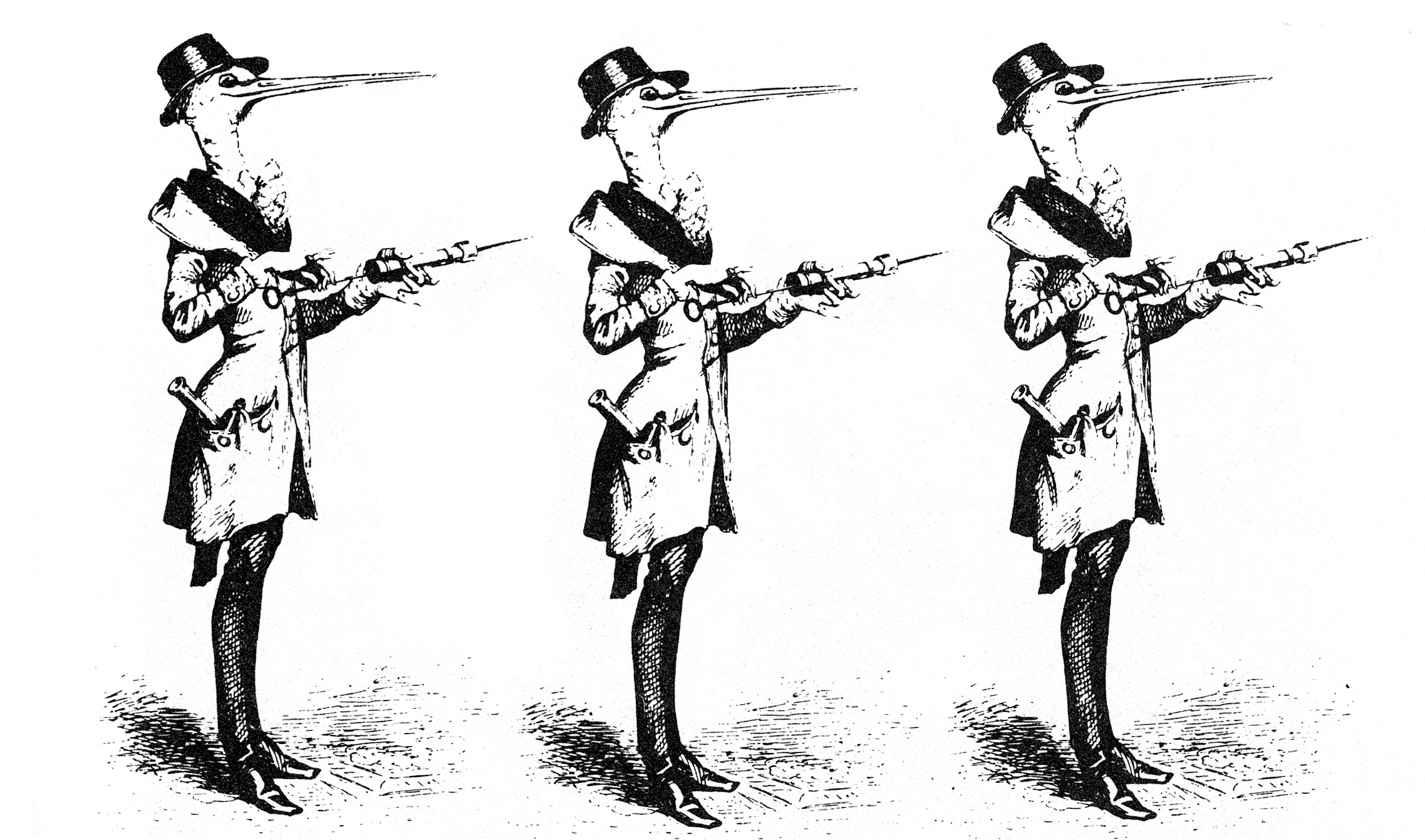 A modified version of a drawing by J. J. Grandville of a “shot” of pediatricians, here anthropomorphized long-beaked birds, who are readying archaic syringes. 