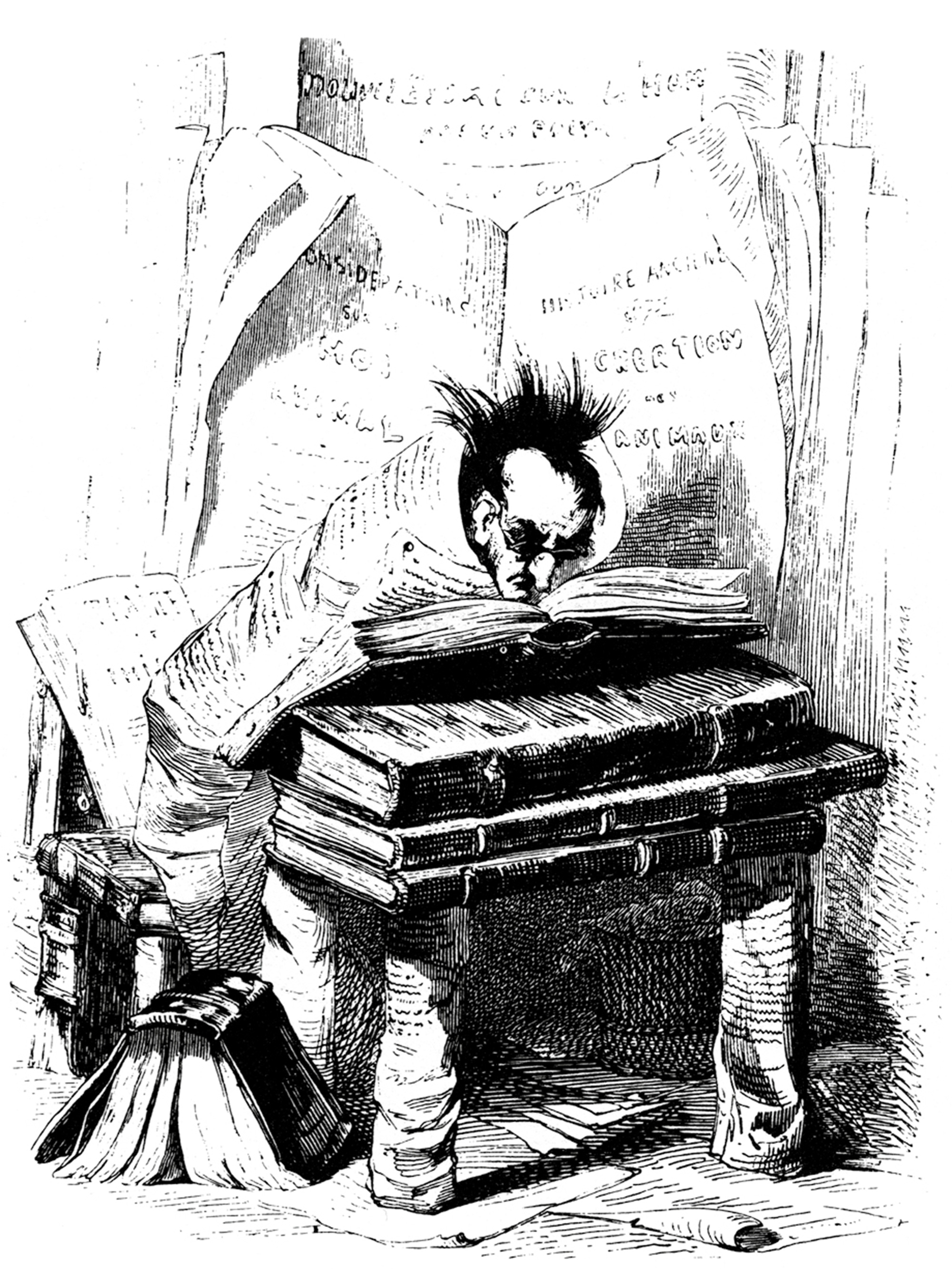 A modified version of a drawing by J. J. Grandville of a solipsist, reading oversized tomes with his body wrapped in printed pages. 