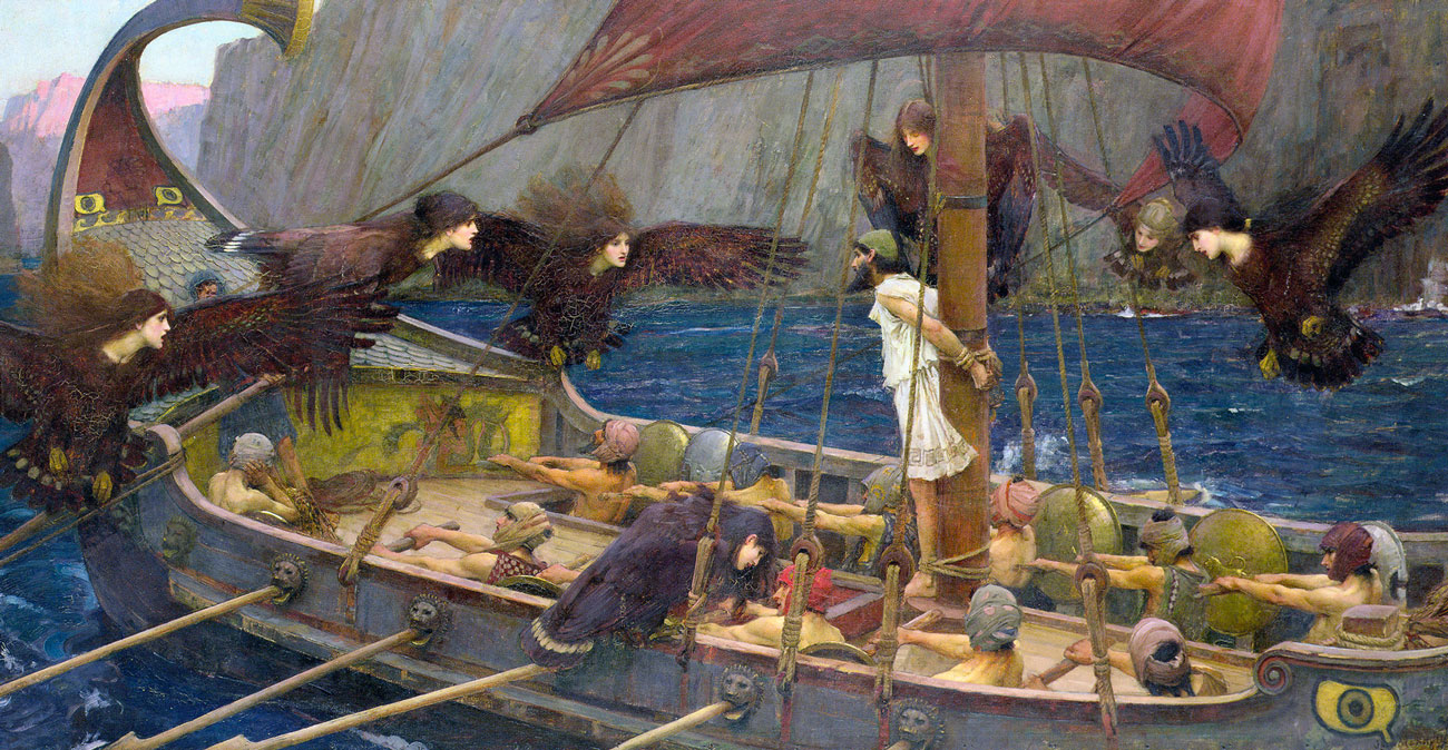 An eighteen ninety-one painting by John William Waterhouse titled “Ulysses and the Sirens.” 