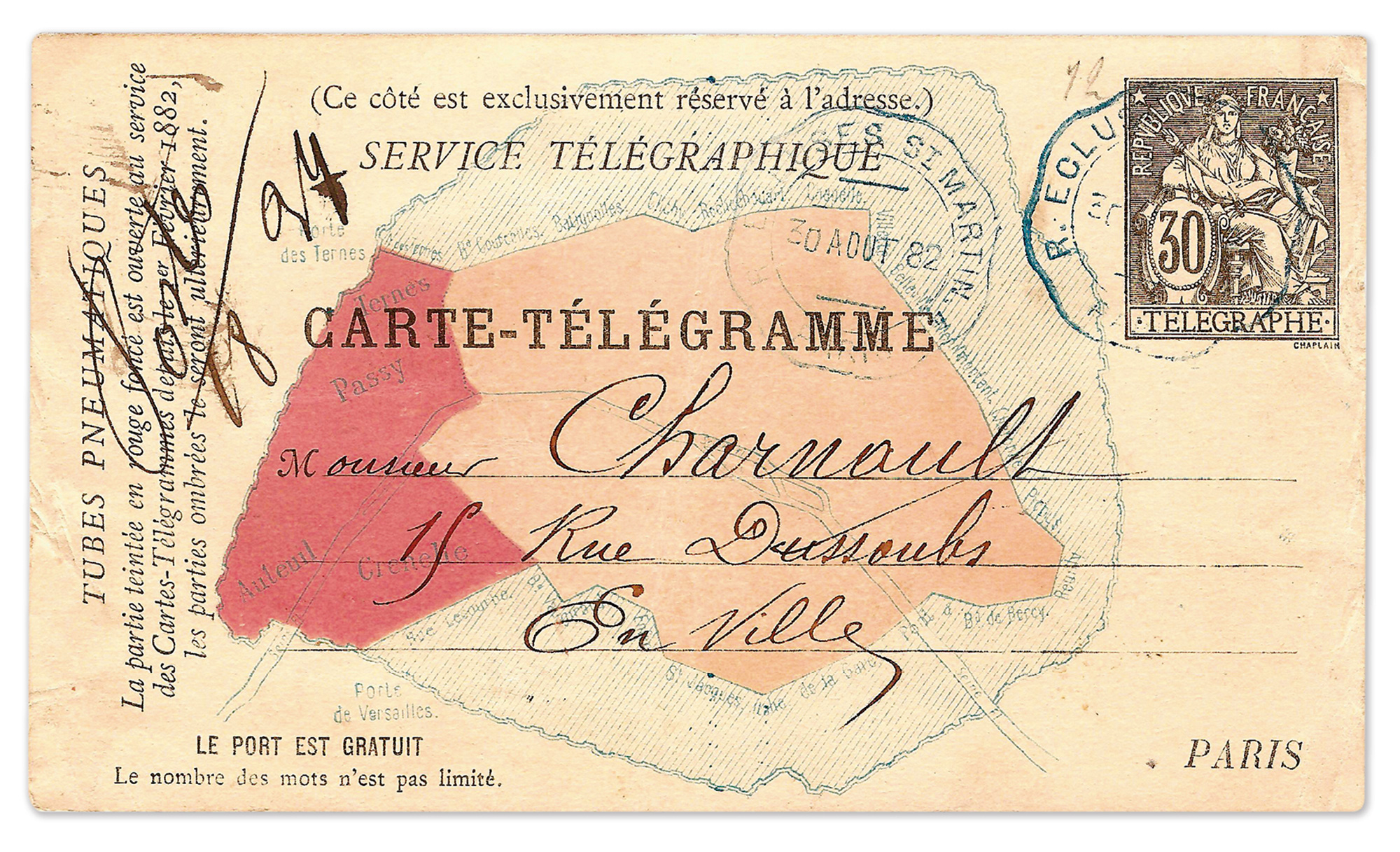 Piece of mail delivered by pneumatic post, August eighteen eighty-two. The map of Paris shows in red an area of the city that had begun to receive the service earlier that year. A legend at bottom left states that there are no limits to the number of words that the sender can write on the reverse.