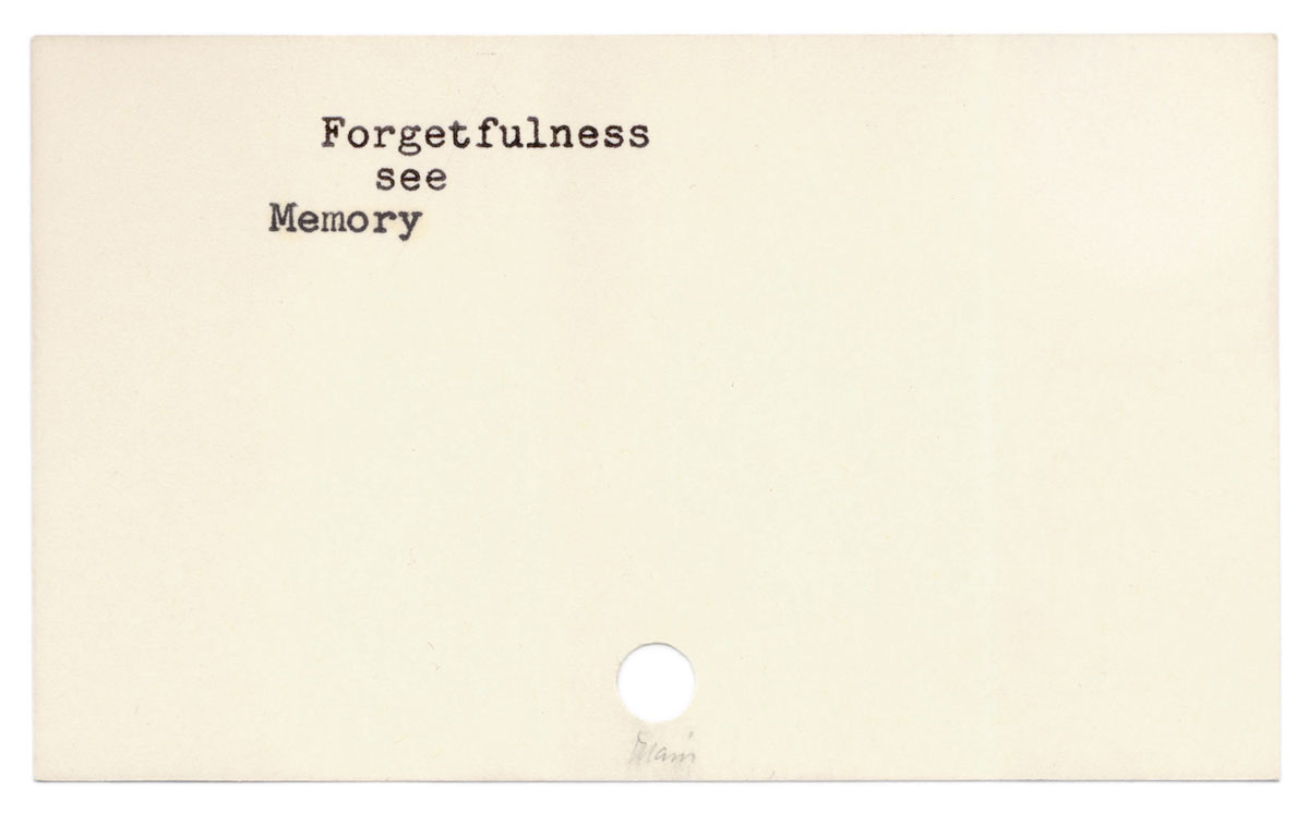 David Bunn’s 2011 artwork titled “Forgetfulness (discarded catalogue card from the Los Angeles Central Library).”