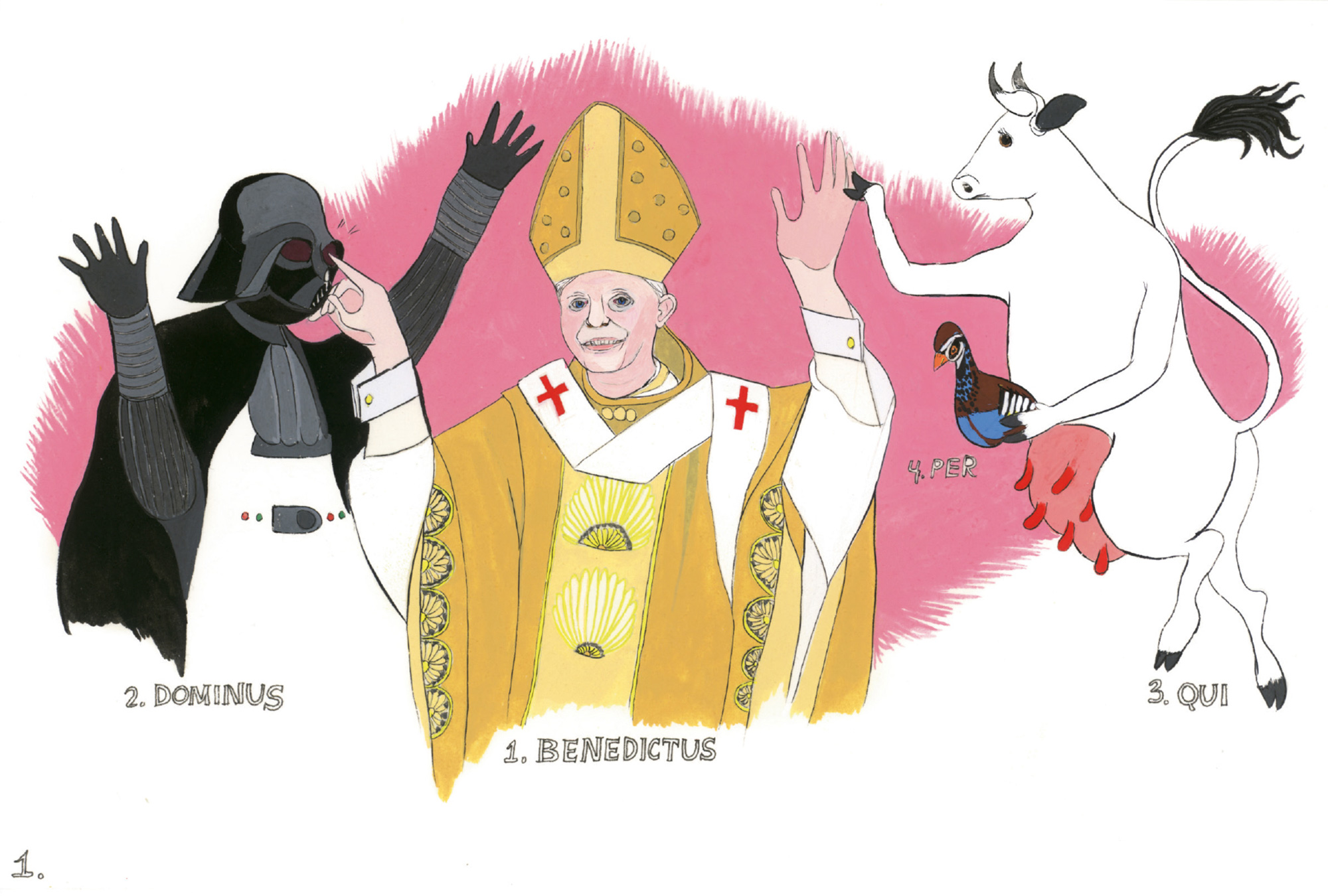 An artwork by Amy Jean Porter depicting the Pope, Darth Vader, a cow holding a duck, and a pink swash of color. The four figures are numbered and captioned. Respectively these captions read: “Benedictus,” “Dominus,” “Qui,” and “Per.”