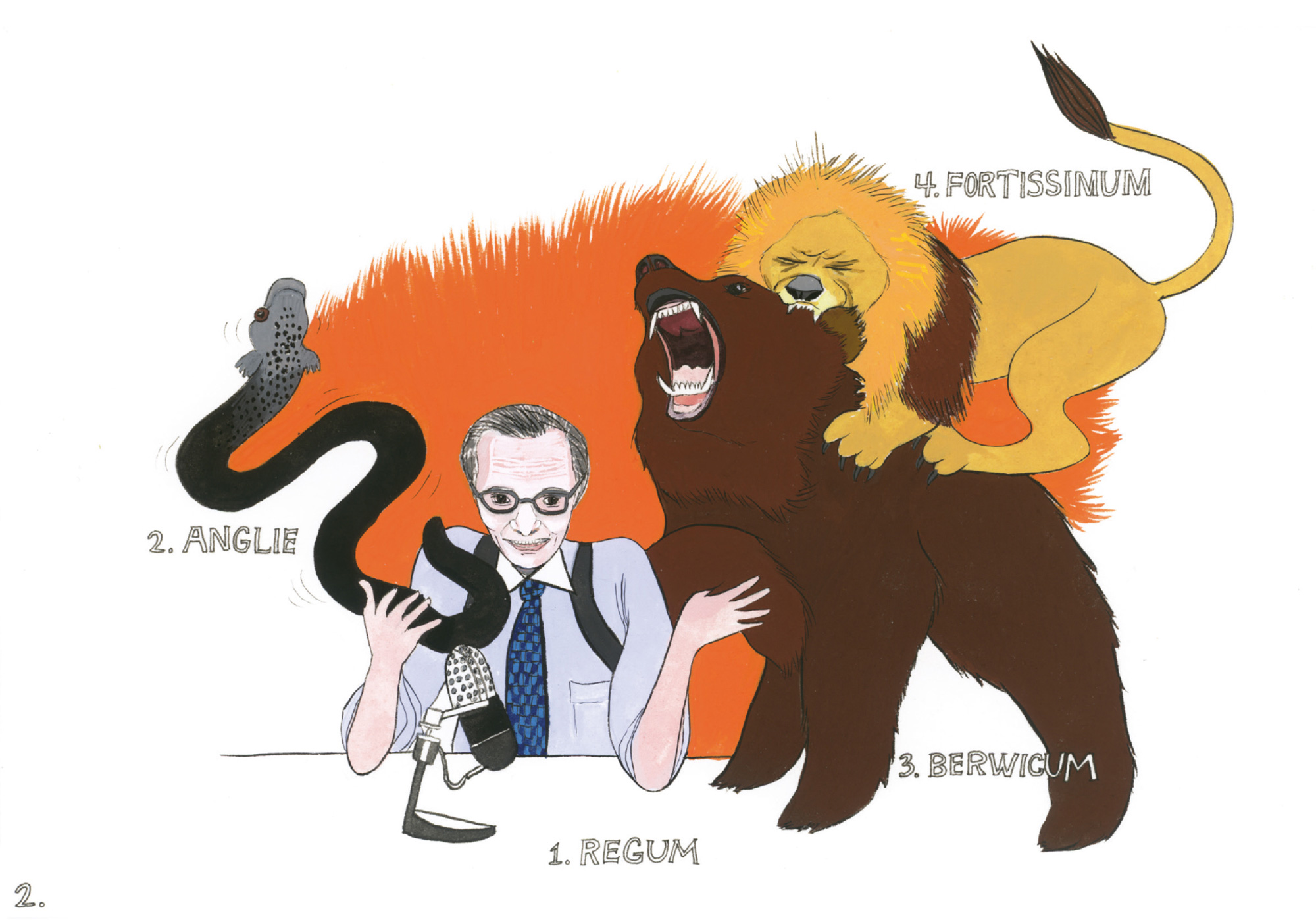 An artwork by Amy Jean Porter depicting Larry King, a snake, a bear, and a lion. The four figures are numbered and captioned. Respectively these captions read: “Regum,” “Anglie,” “Berwicum,” and “Fortissimum.”