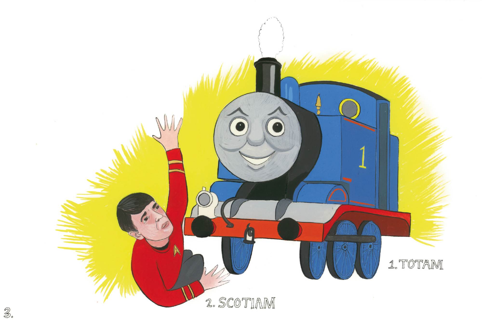 An artwork by Amy Jean Porter depicting Thomas the Tank Engine and Captain Kirk from “Star Trek.” The two figures are numbered and captioned. Respectively these captions read: “Totem” and “Scotiam.”