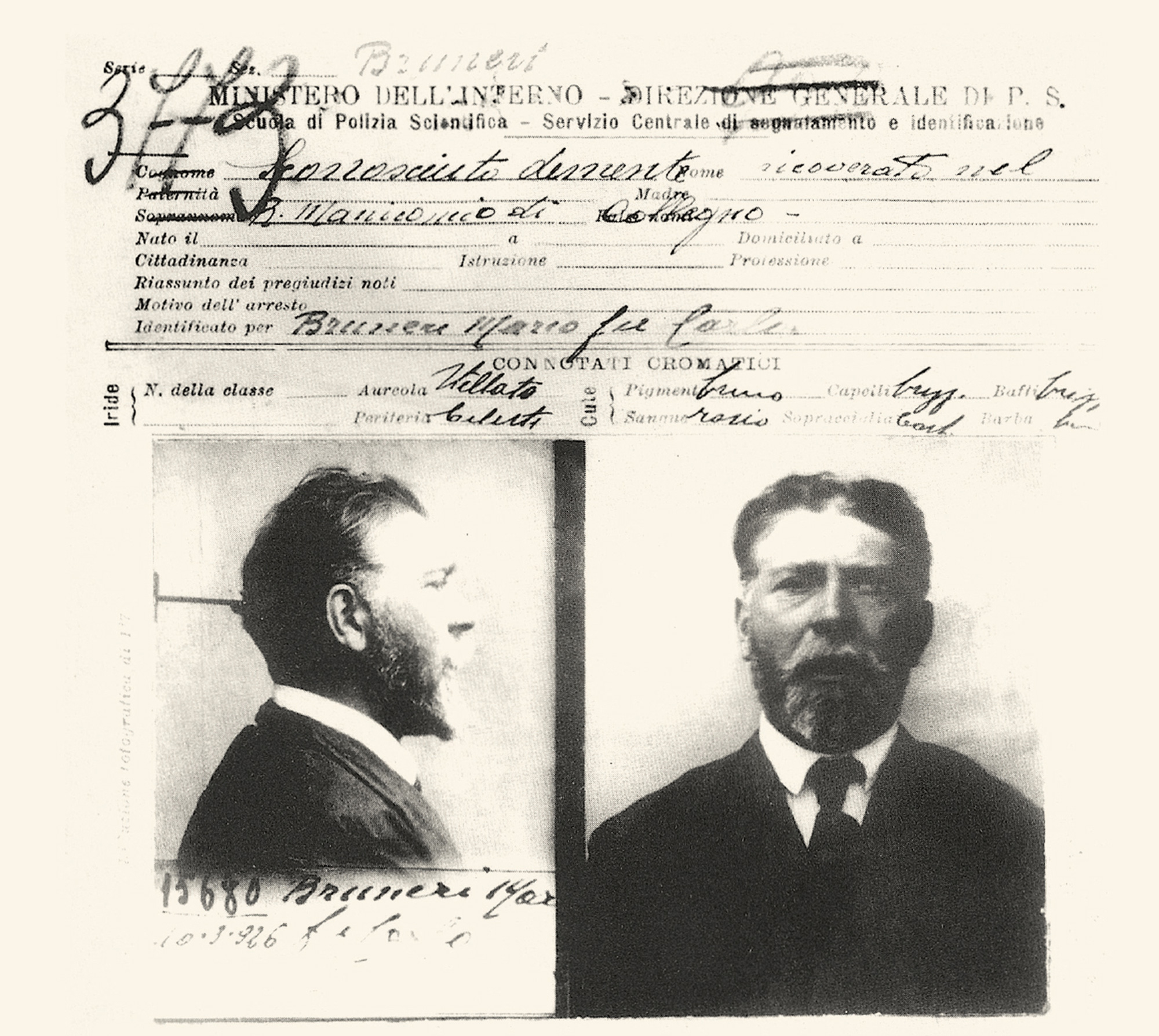 A page from a police file on the Collegno amnesiac, created on 10 March nineteen twenty-six. The name Mario Bruneri seems to have been added later, presumably after his official identification.