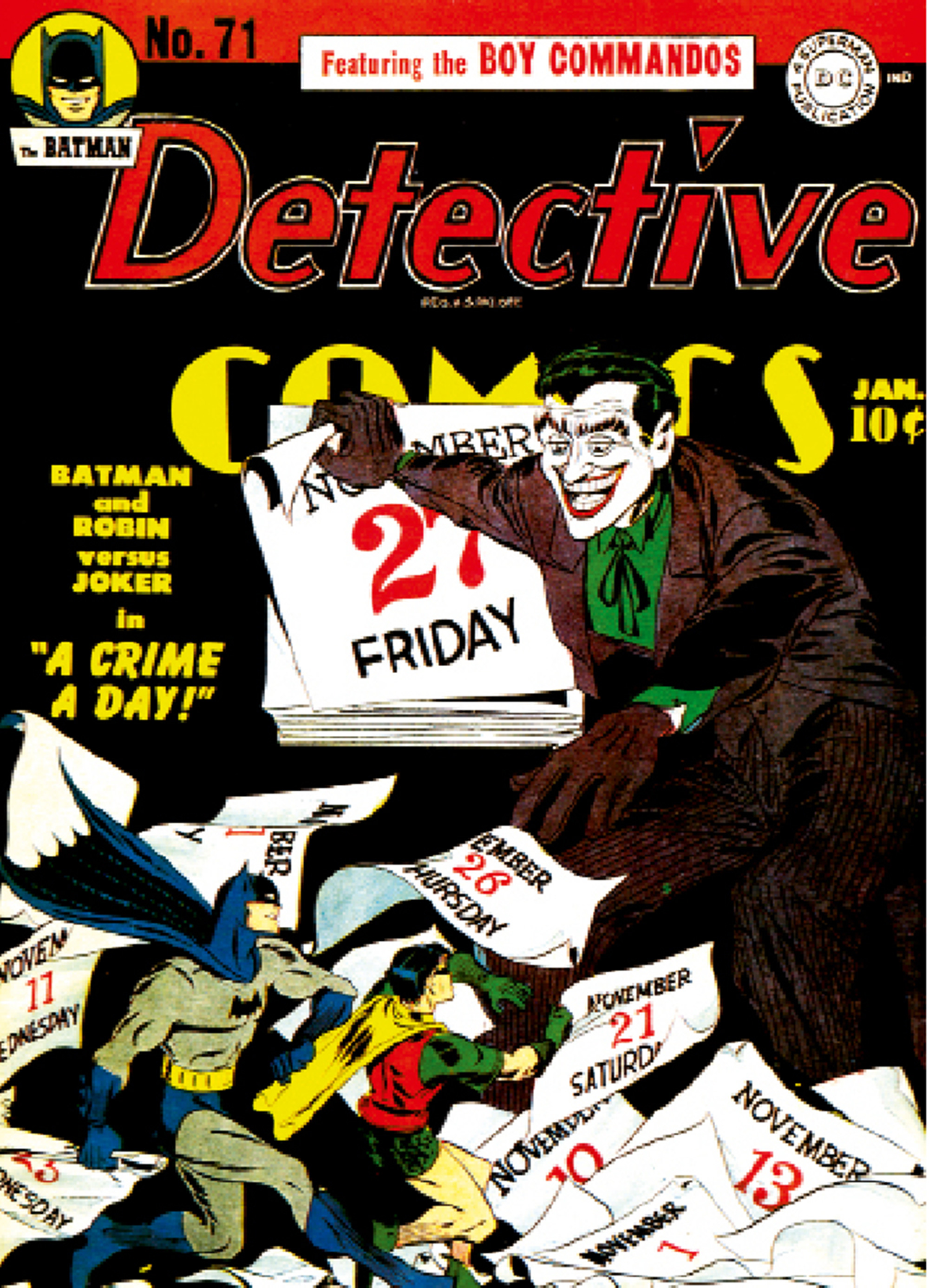 The cover of Detective Comics number seventy-one, published in January nineteen forty-three, which features an early appearance of the Joker. 